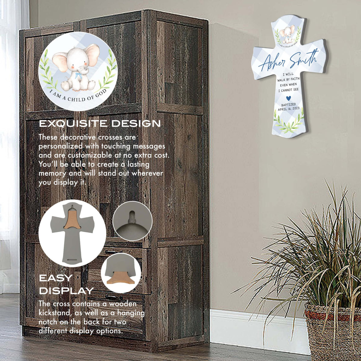 Personalized Baby Baptism Wooden Wall Cross - I Will Walk By Faith - LifeSong Milestones