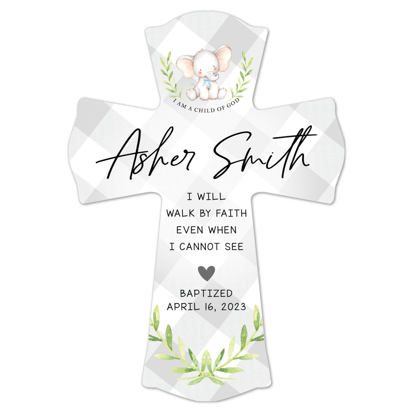 Personalized Baby Baptism Wooden Wall Cross - I Will Walk By Faith - LifeSong Milestones