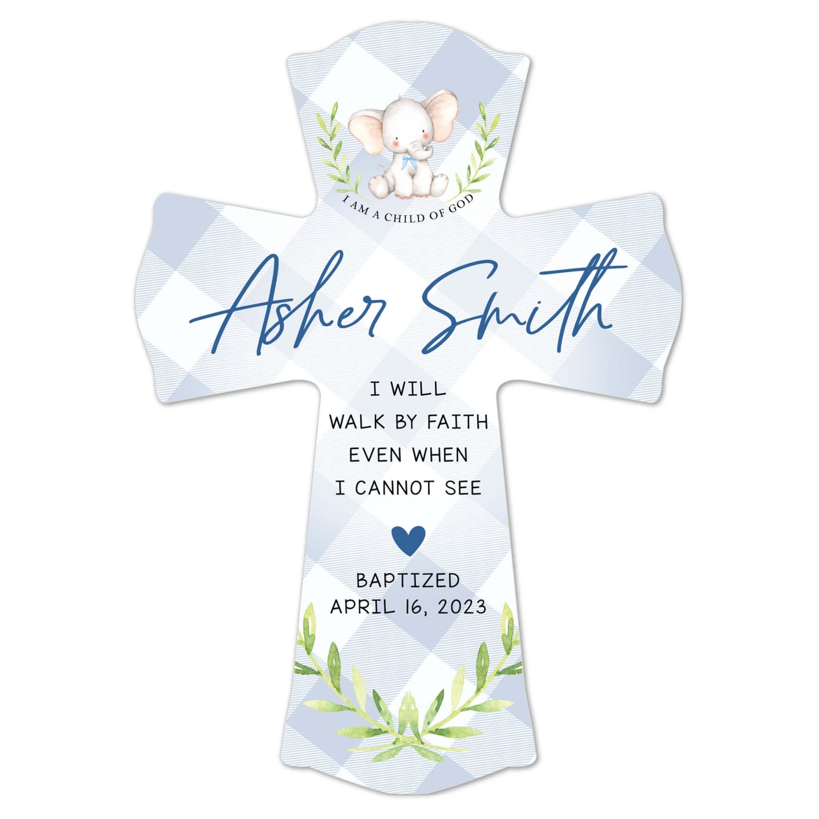 Personalized Baby Baptism Wooden Wall Cross - I Will Walk By Faith - LifeSong Milestones