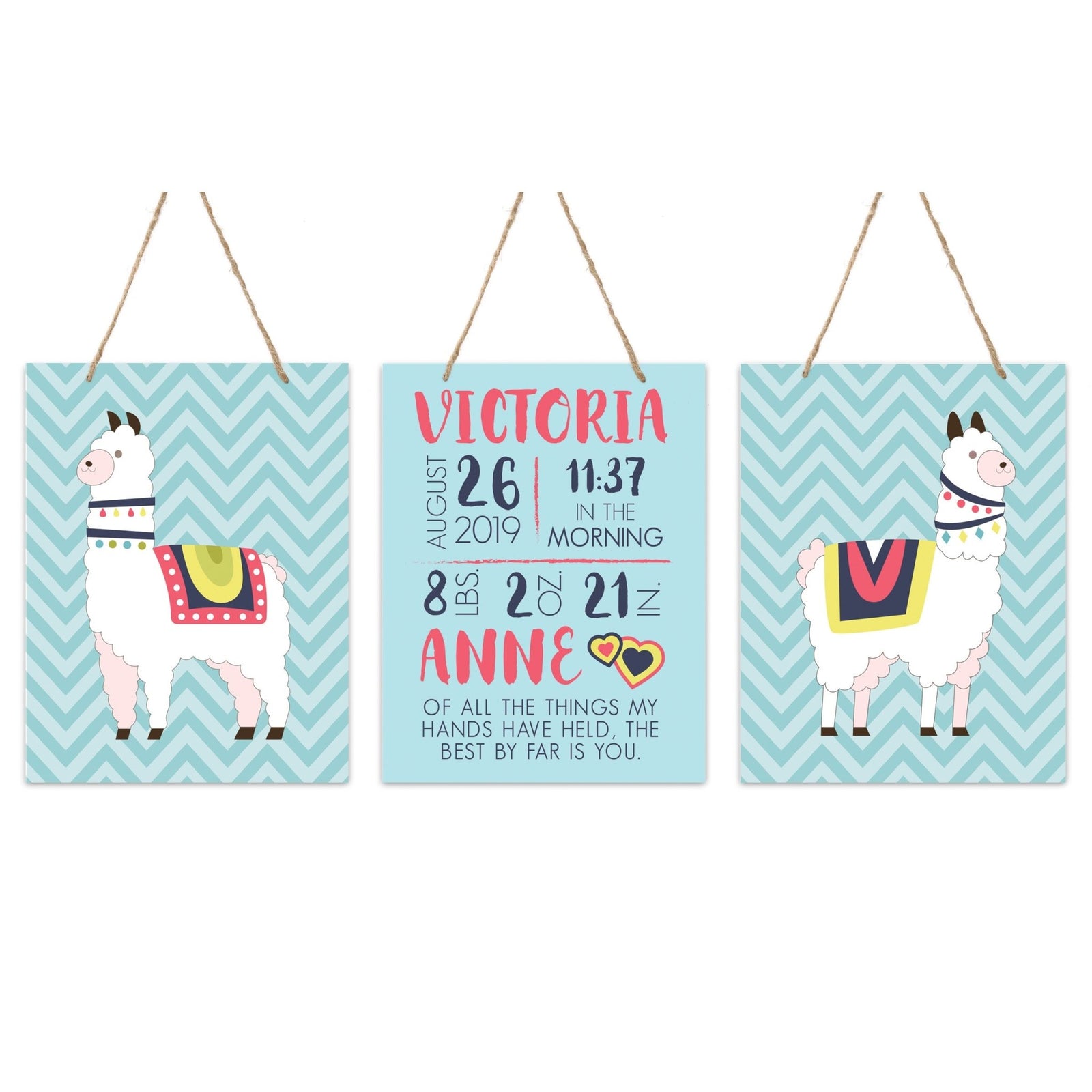 Personalized Baby Birth Arrival Stats Nursery Sign Set - Alpacas - LifeSong Milestones