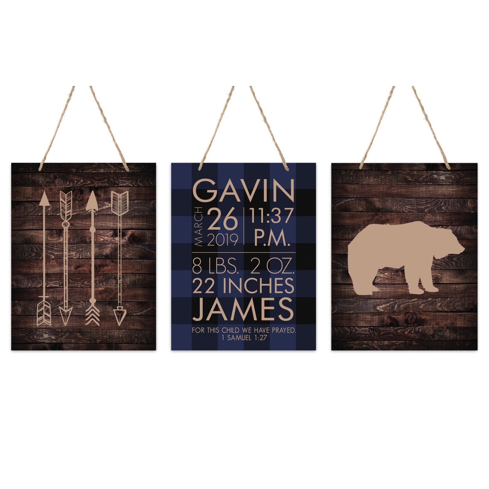 Personalized Baby Birth Arrival Stats Nursery Sign Set - Bear Arrows - LifeSong Milestones