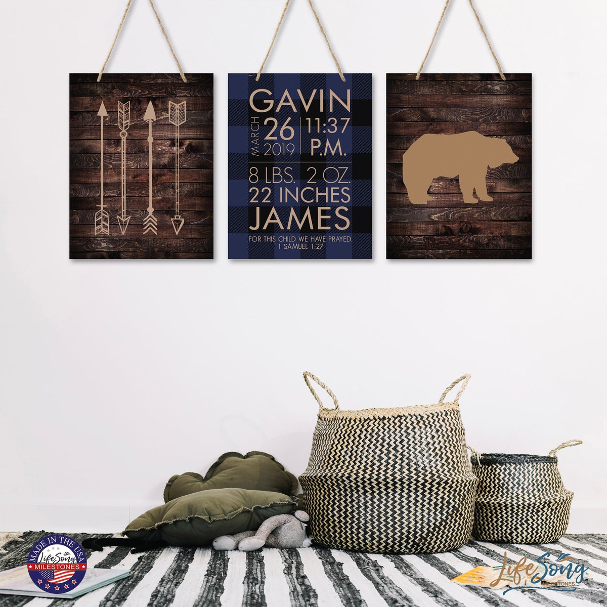 Personalized Baby Birth Arrival Stats Nursery Sign Set - Bear Arrows - LifeSong Milestones