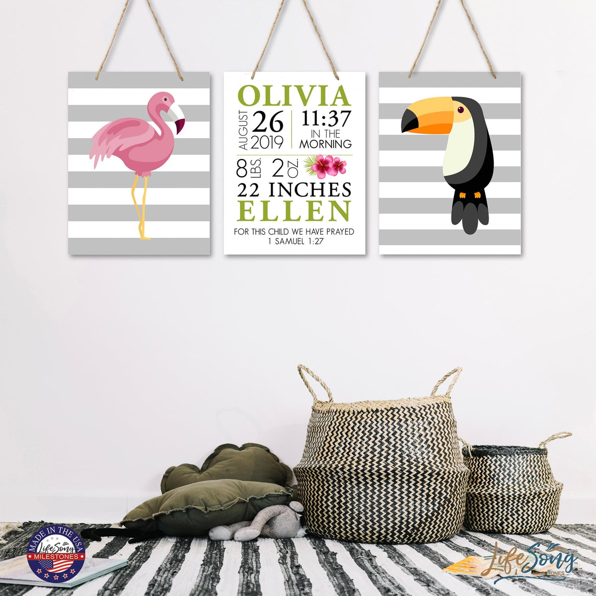Personalized Baby Birth Arrival Stats Nursery Sign Set - Birds - LifeSong Milestones