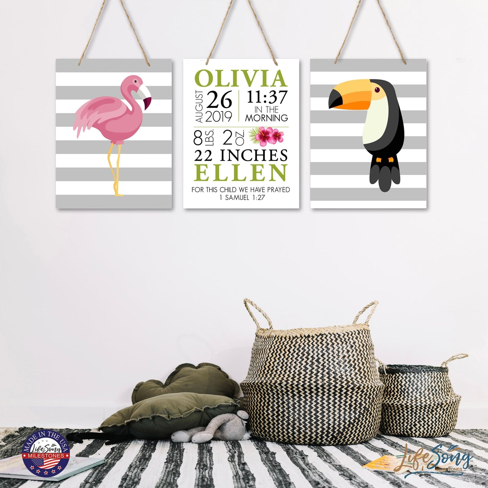 Personalized Baby Birth Arrival Stats Nursery Sign Set - Birds - LifeSong Milestones