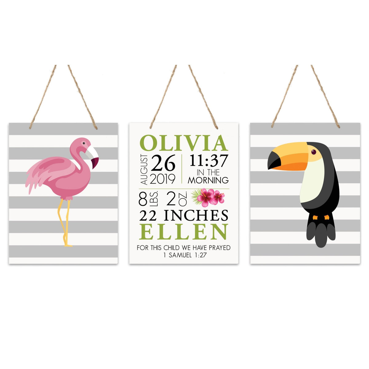 Personalized Baby Birth Arrival Stats Nursery Sign Set - Birds - LifeSong Milestones