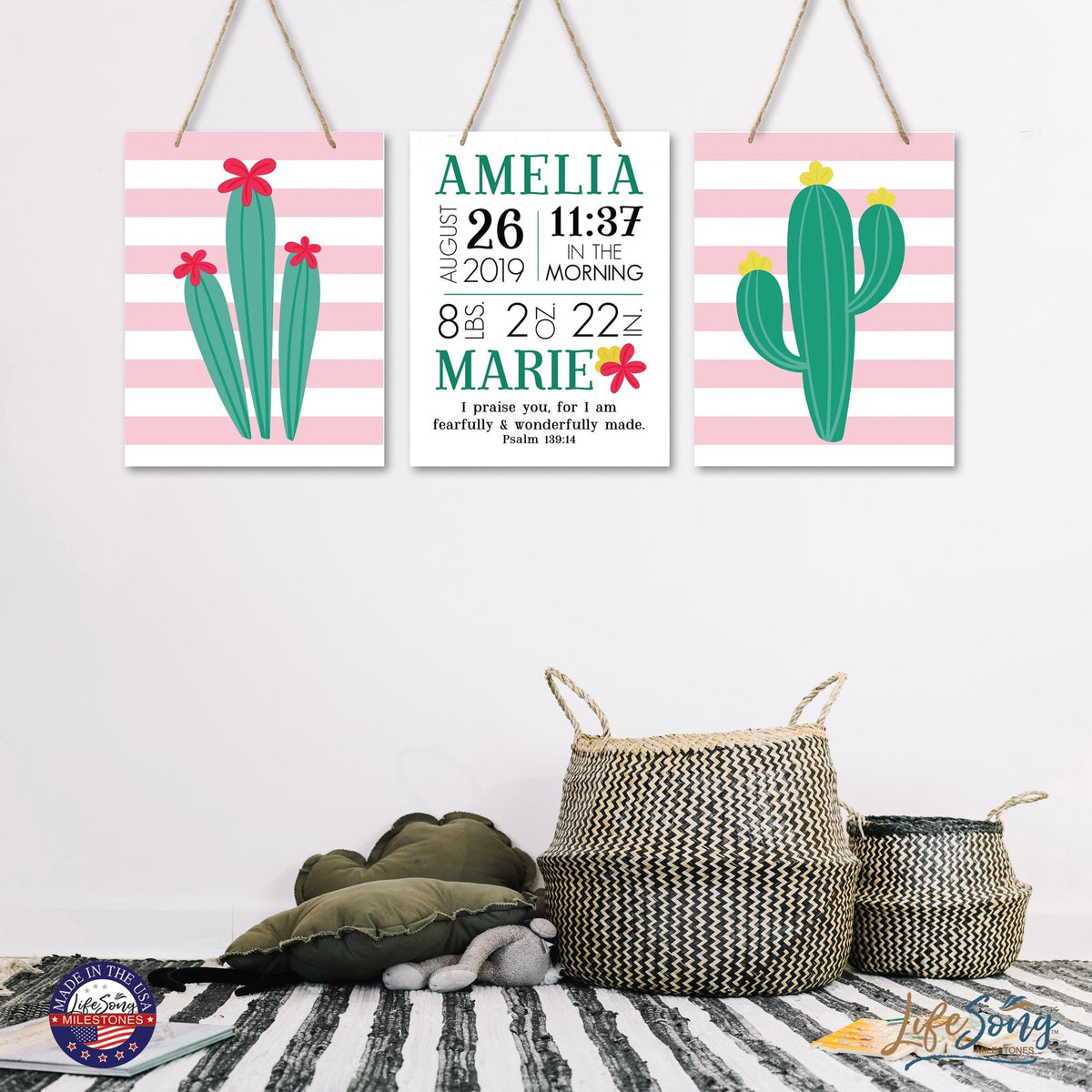 Personalized Baby Birth Arrival Stats Nursery Sign Set - Cactus - LifeSong Milestones