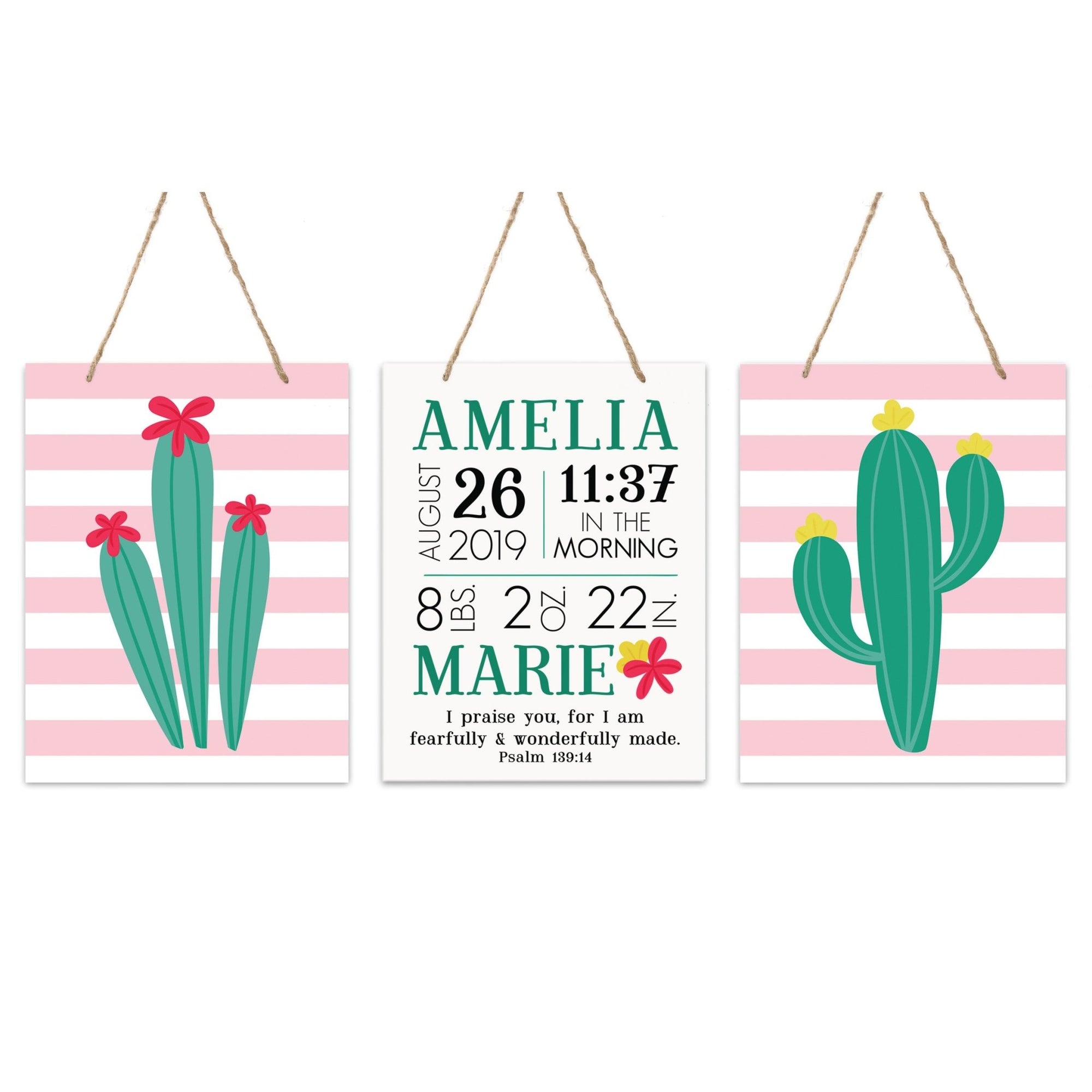 Personalized Baby Birth Arrival Stats Nursery Sign Set - Cactus - LifeSong Milestones