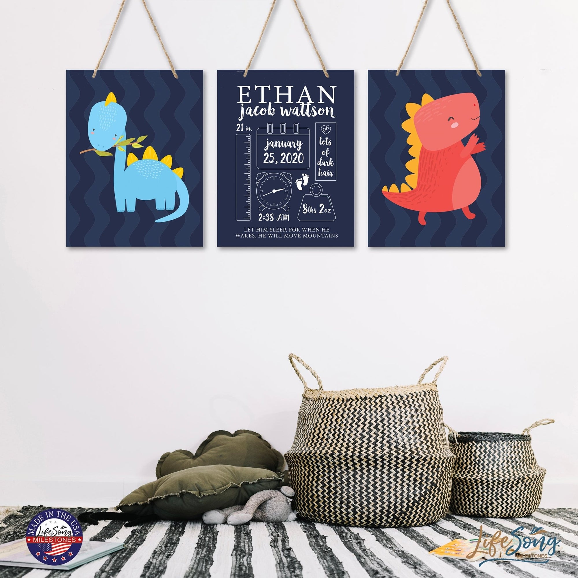 Personalized Baby Birth Arrival Stats Nursery Sign Set - Dinosaurs - LifeSong Milestones