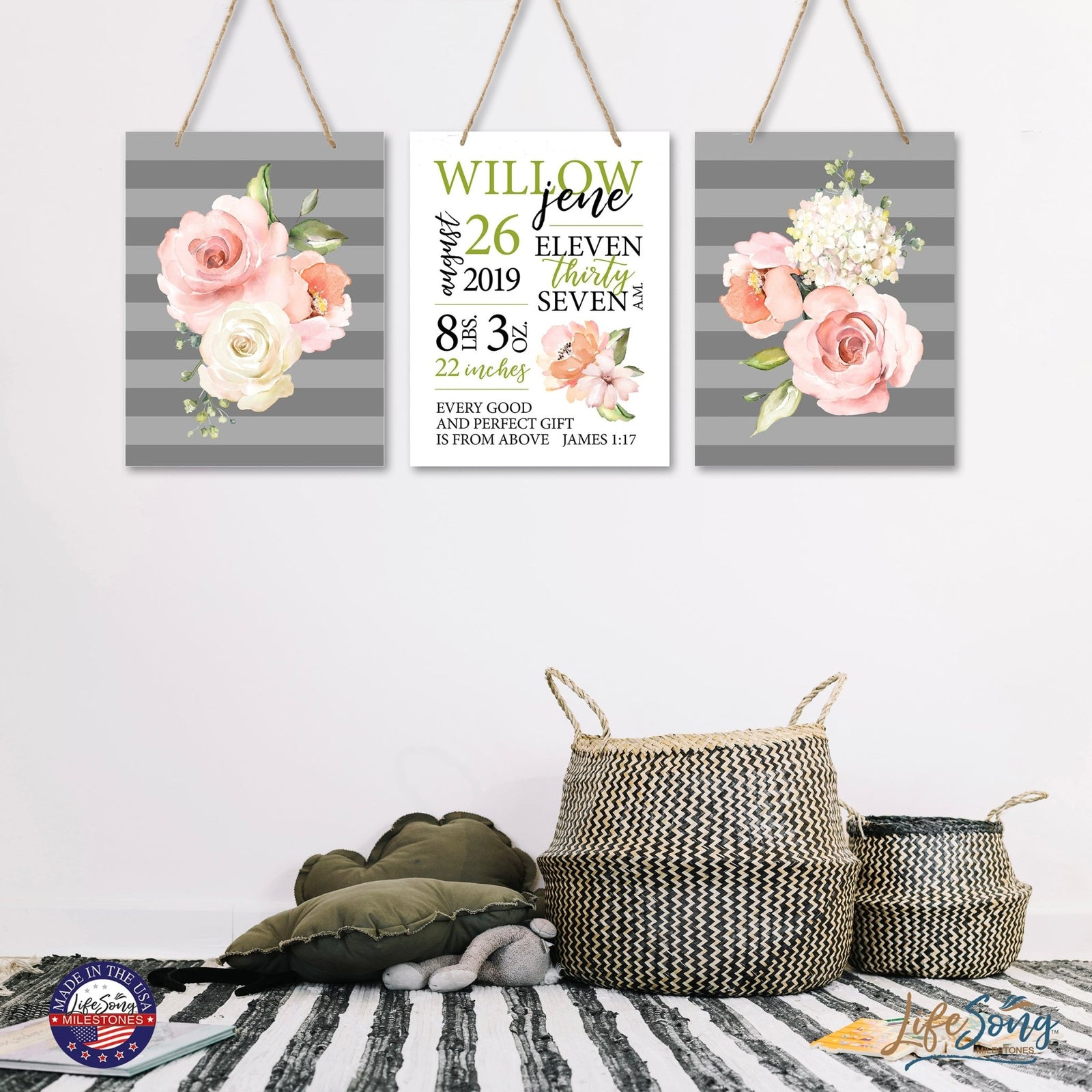Personalized Baby Birth Arrival Stats Nursery Sign Set - Flowers - LifeSong Milestones
