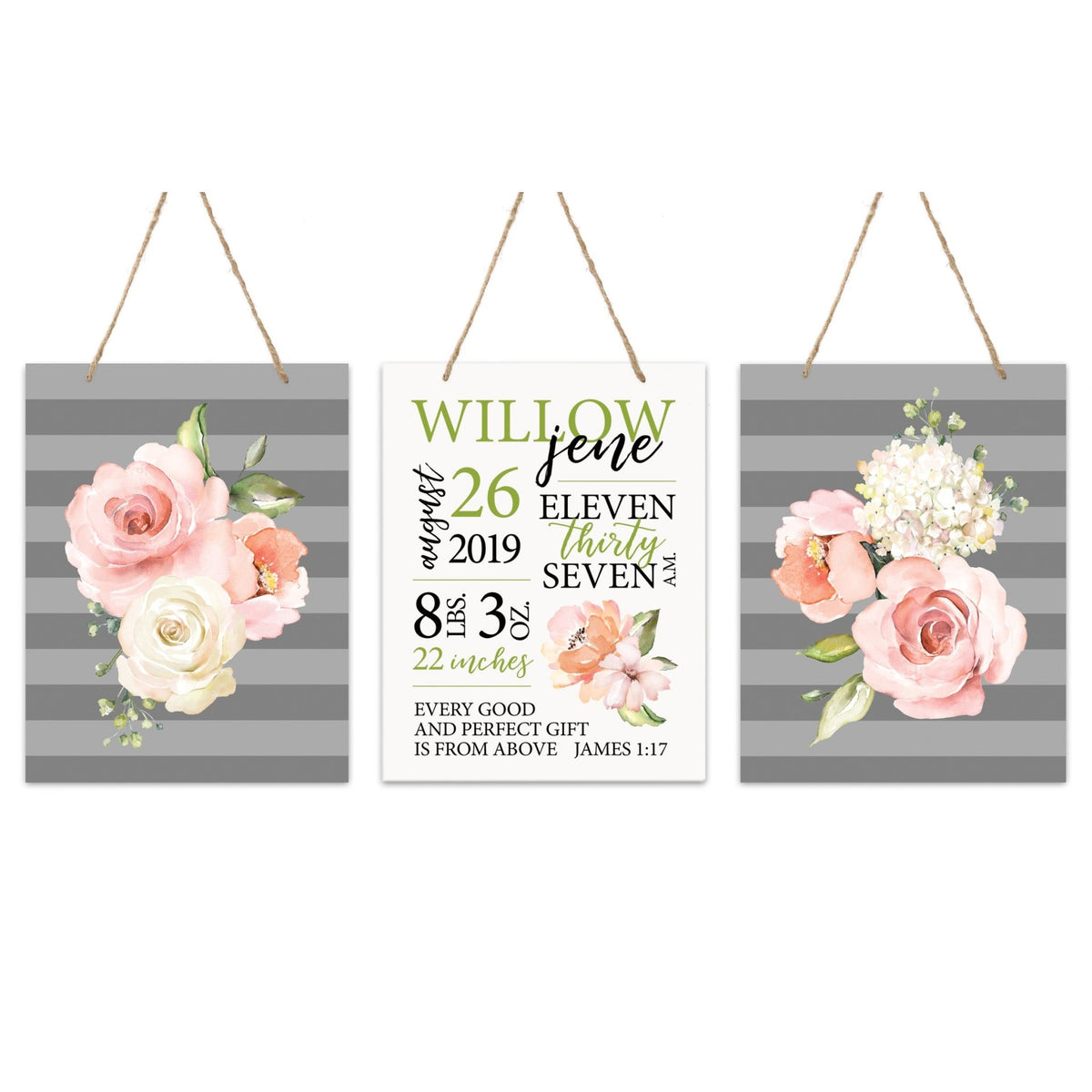 Personalized Baby Birth Arrival Stats Nursery Sign Set - Flowers - LifeSong Milestones