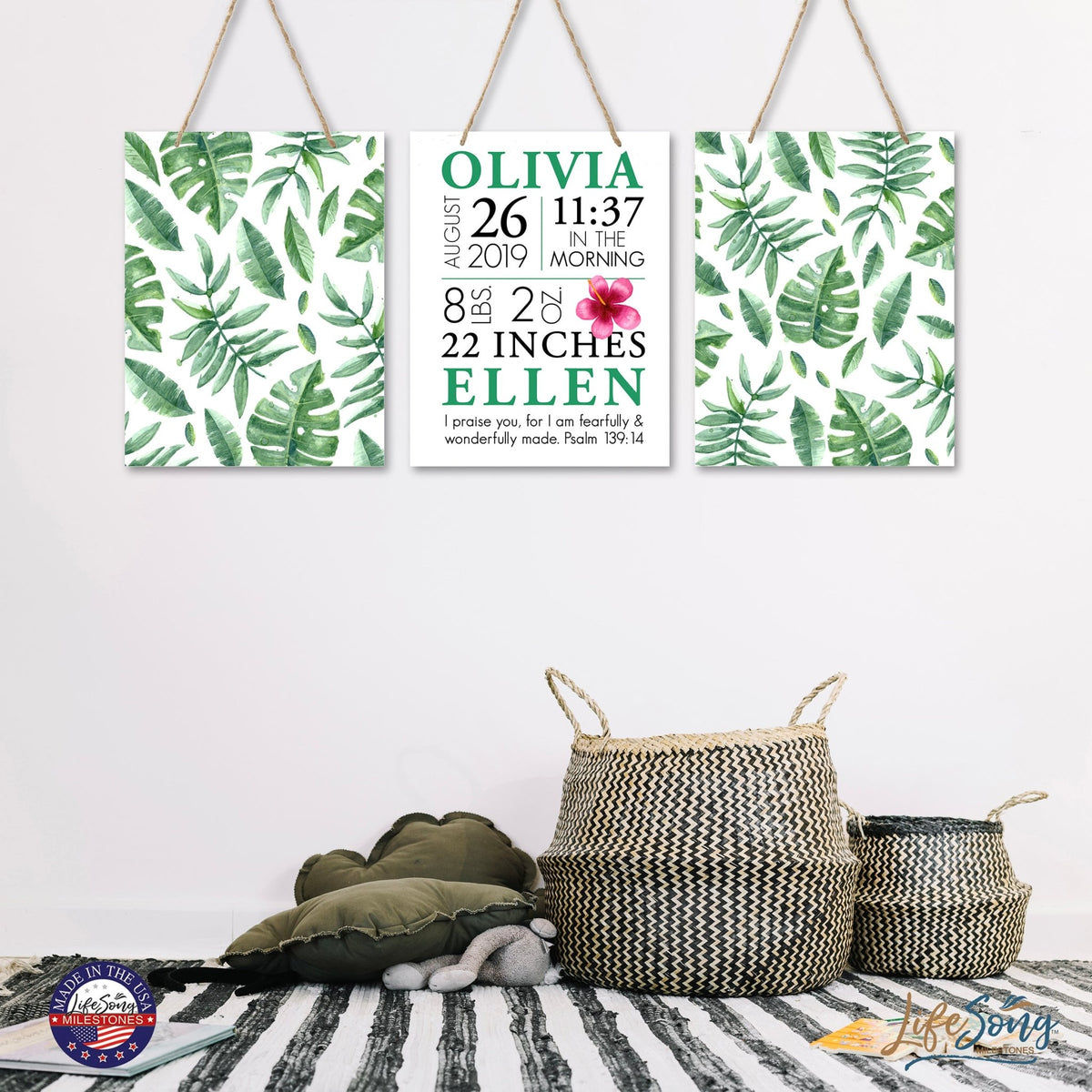 Personalized Baby Birth Arrival Stats Nursery Sign Set - Leaves - LifeSong Milestones