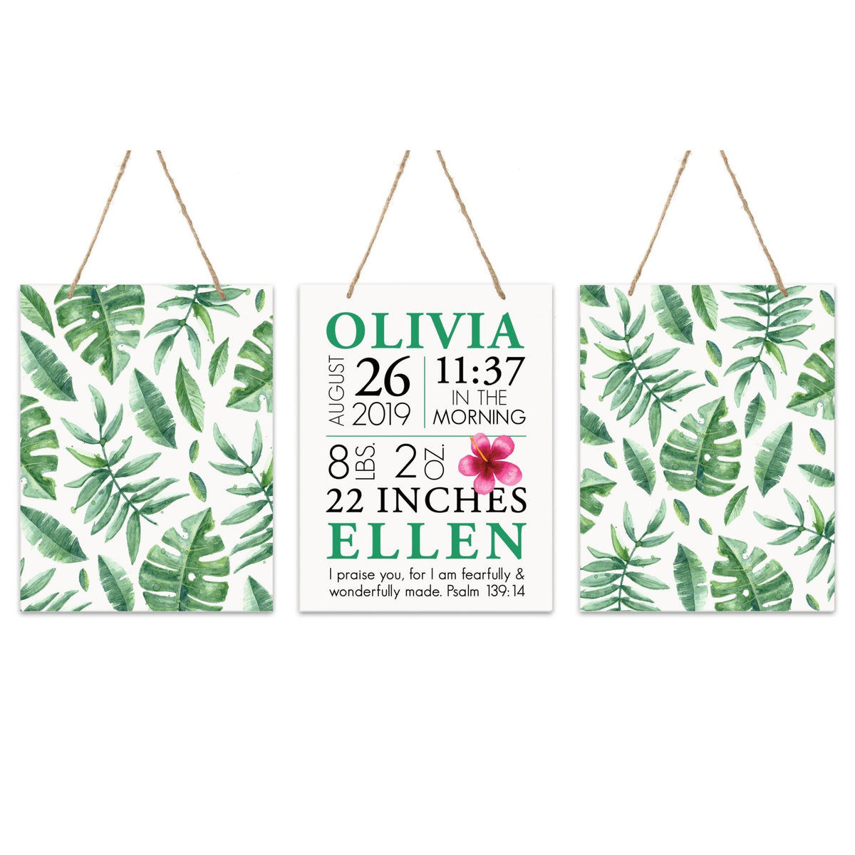 Personalized Baby Birth Arrival Stats Nursery Sign Set - Leaves - LifeSong Milestones