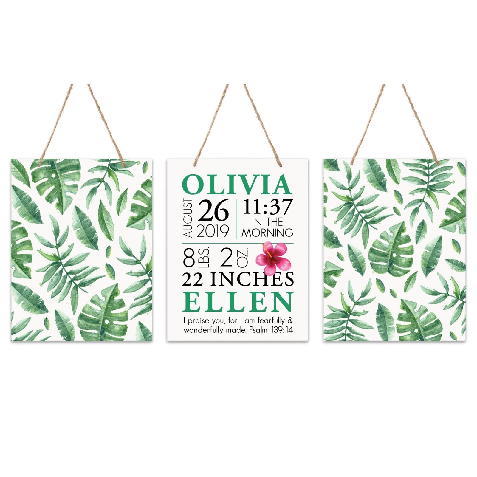 Personalized Baby Birth Arrival Stats Nursery Sign Set - Leaves - LifeSong Milestones