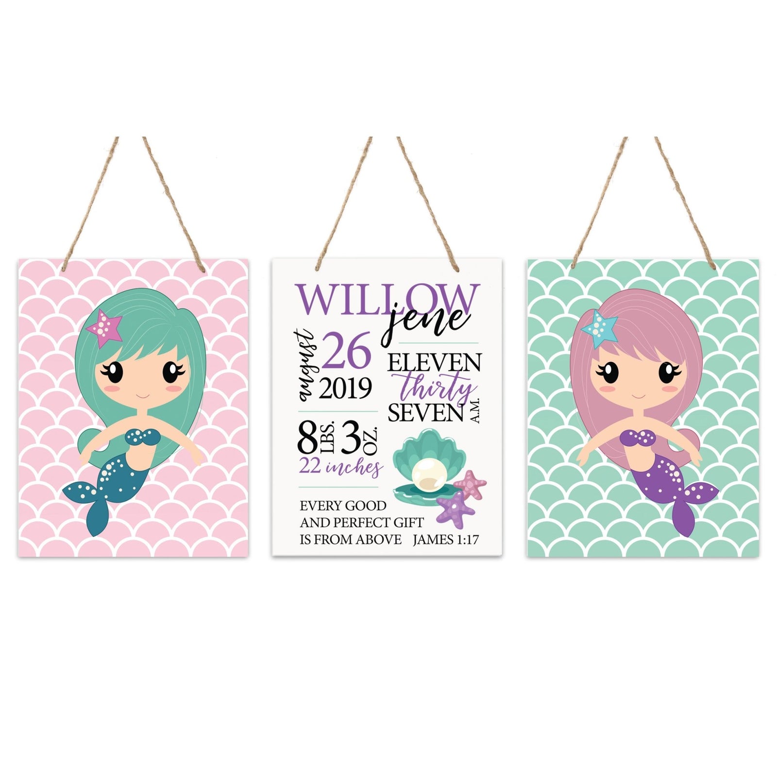 Personalized Baby Birth Arrival Stats Nursery Sign Set - Mermaids - LifeSong Milestones