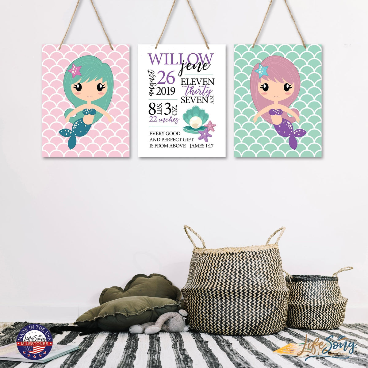Personalized Baby Birth Arrival Stats Nursery Sign Set - Mermaids - LifeSong Milestones