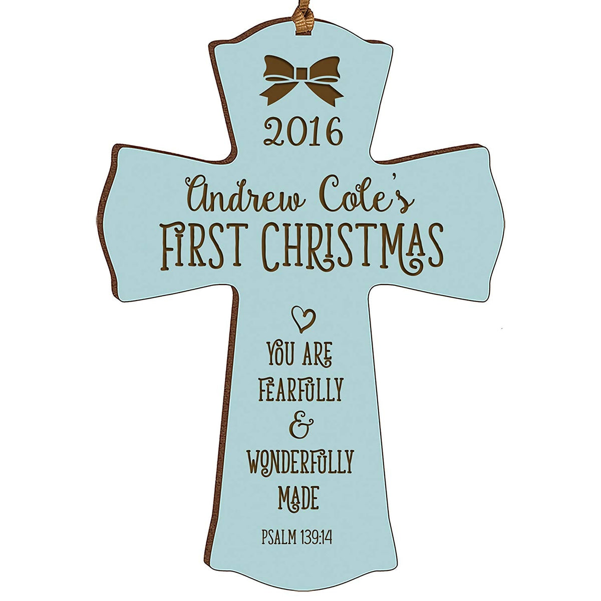 Personalized Baby's First Christmas Cross Wonderfully Made - Blue - LifeSong Milestones