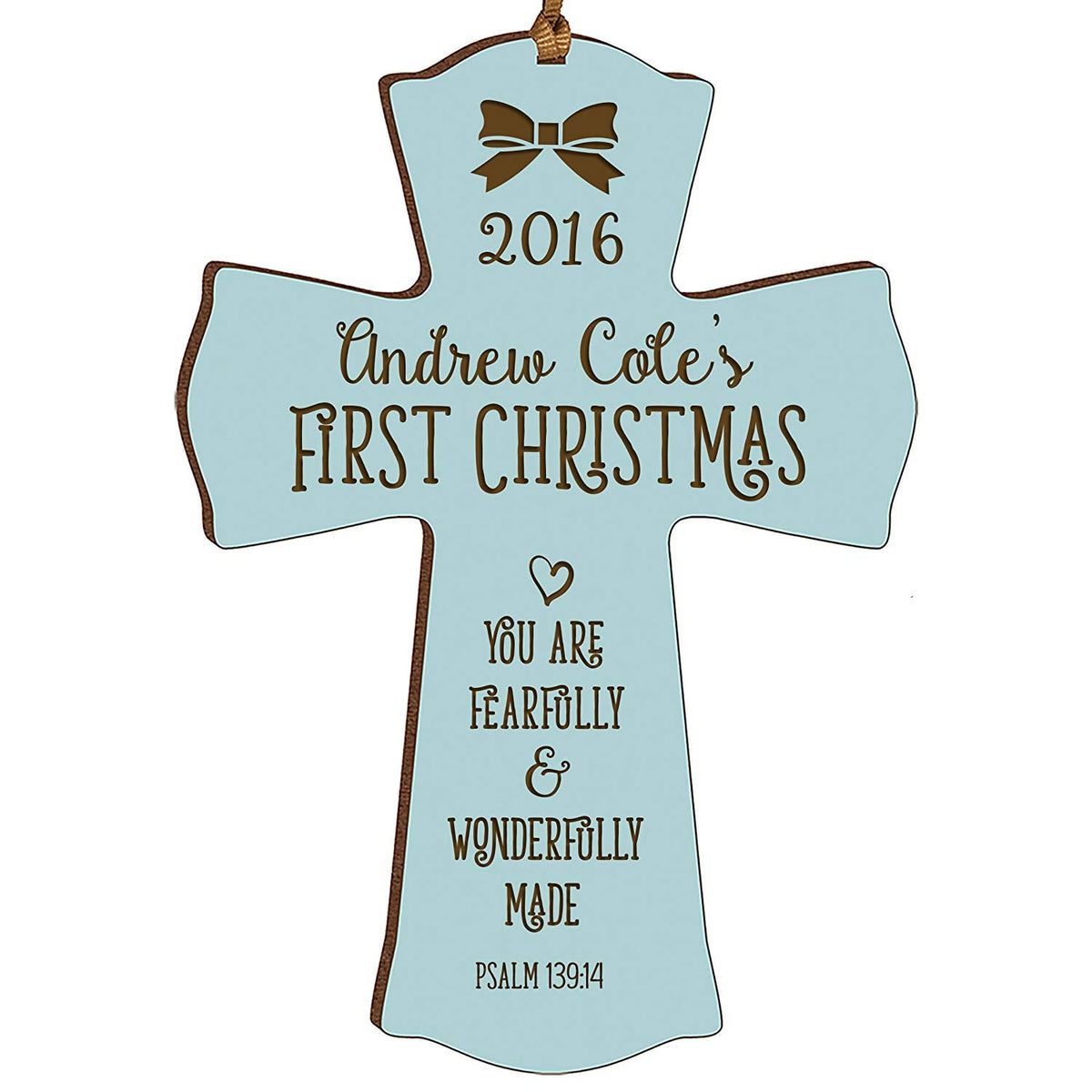 Personalized Baby&#39;s First Christmas Cross Wonderfully Made - Blue - LifeSong Milestones