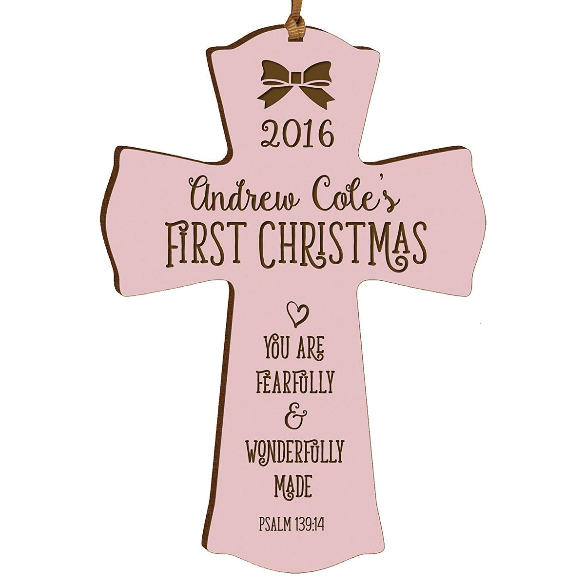 Personalized Baby&#39;s First Christmas Cross Wonderfully Made - Pink - LifeSong Milestones