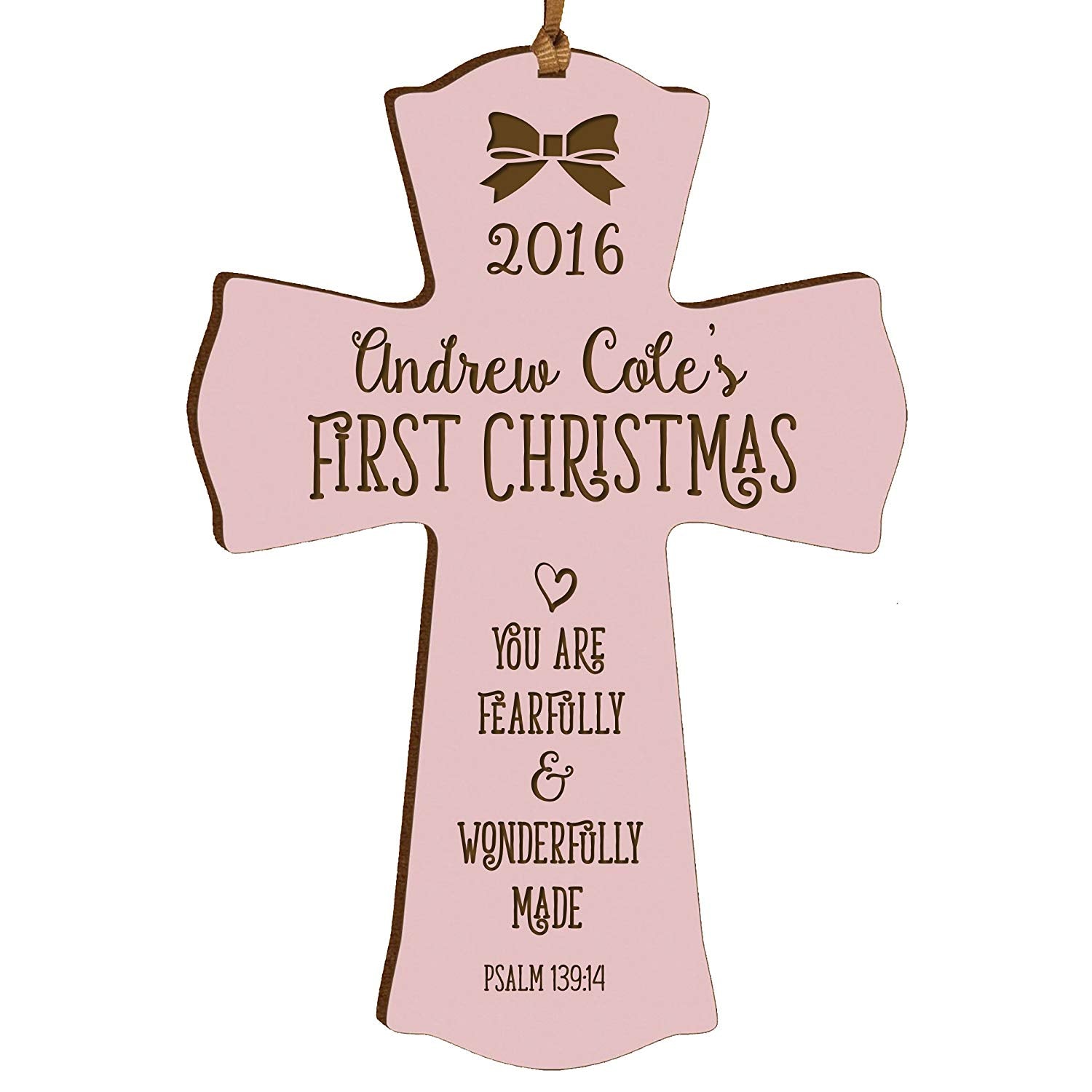 Personalized Baby's First Christmas Cross Wonderfully Made - Pink - LifeSong Milestones