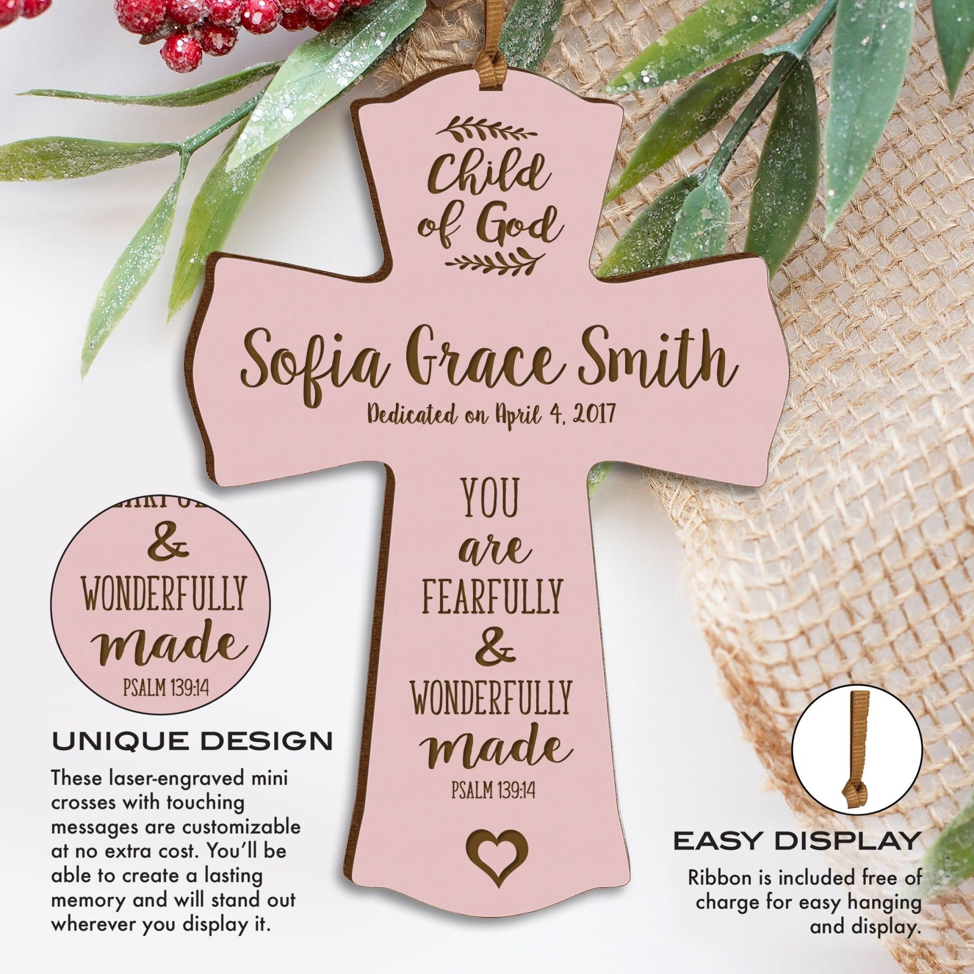Personalized Baptism Cross Ornament - Fearfully & Wonderfully - LifeSong Milestones