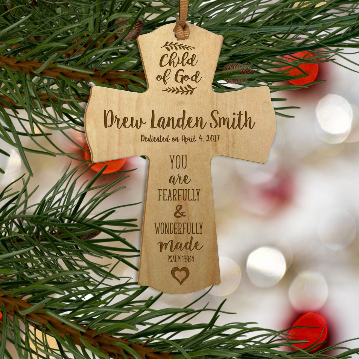 Personalized Baptism Cross Ornament - Fearfully & Wonderfully - LifeSong Milestones