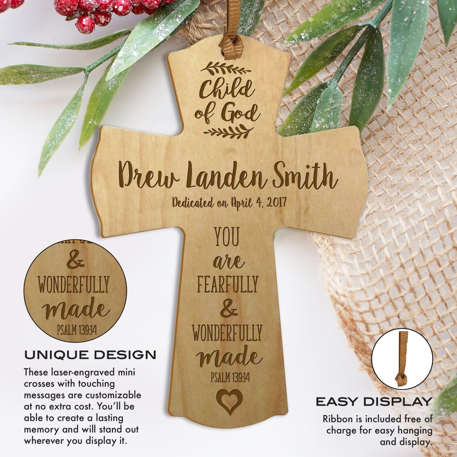 Personalized Baptism Cross Ornament - Fearfully & Wonderfully - LifeSong Milestones