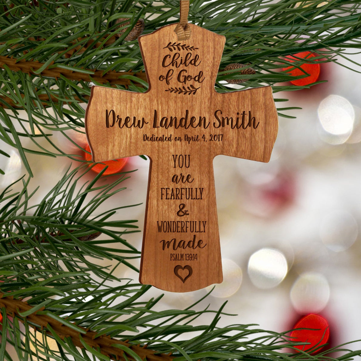 Personalized Baptism Cross Ornament - Fearfully & Wonderfully - LifeSong Milestones