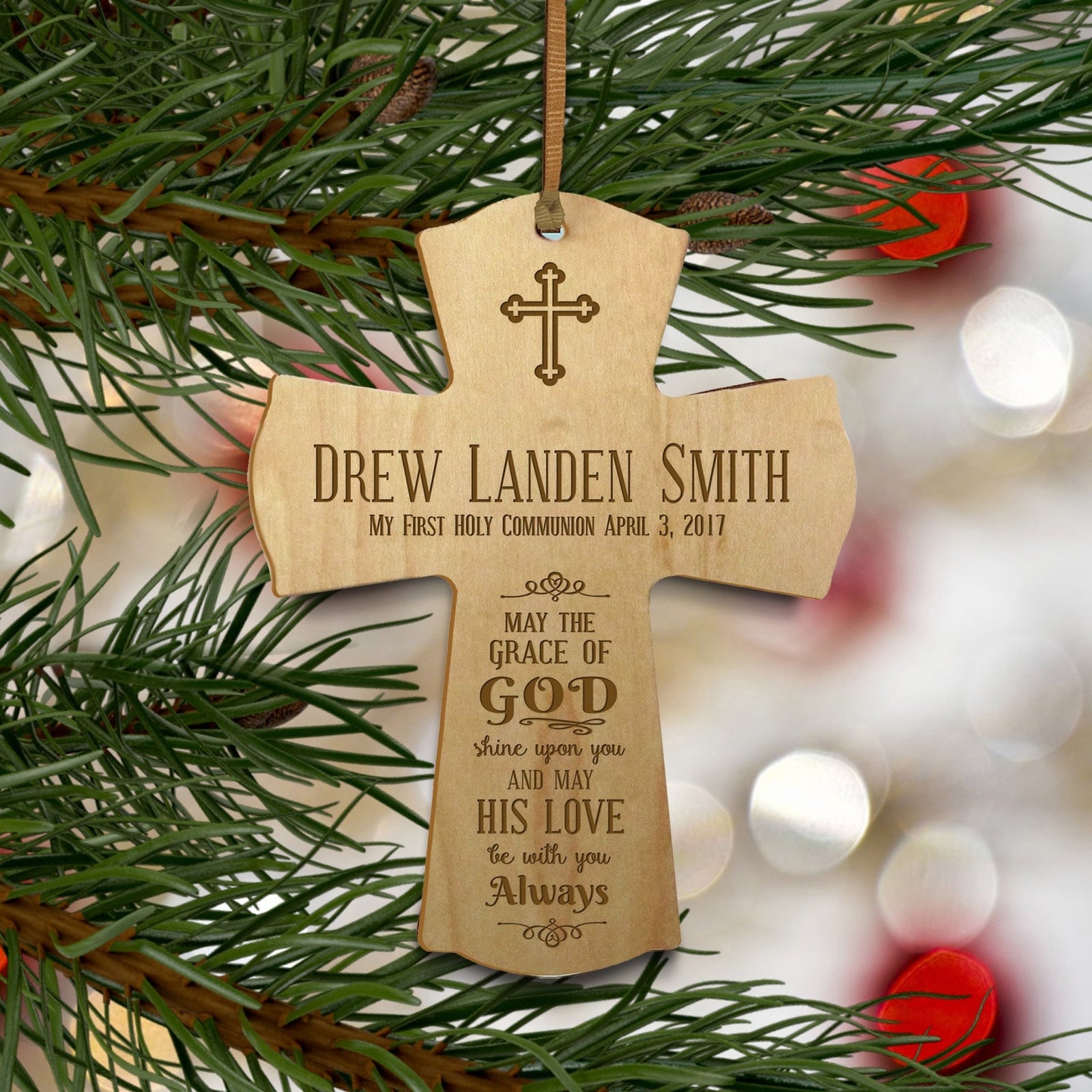 Personalized Baptism Cross Ornament - May The Grace Of God - LifeSong Milestones