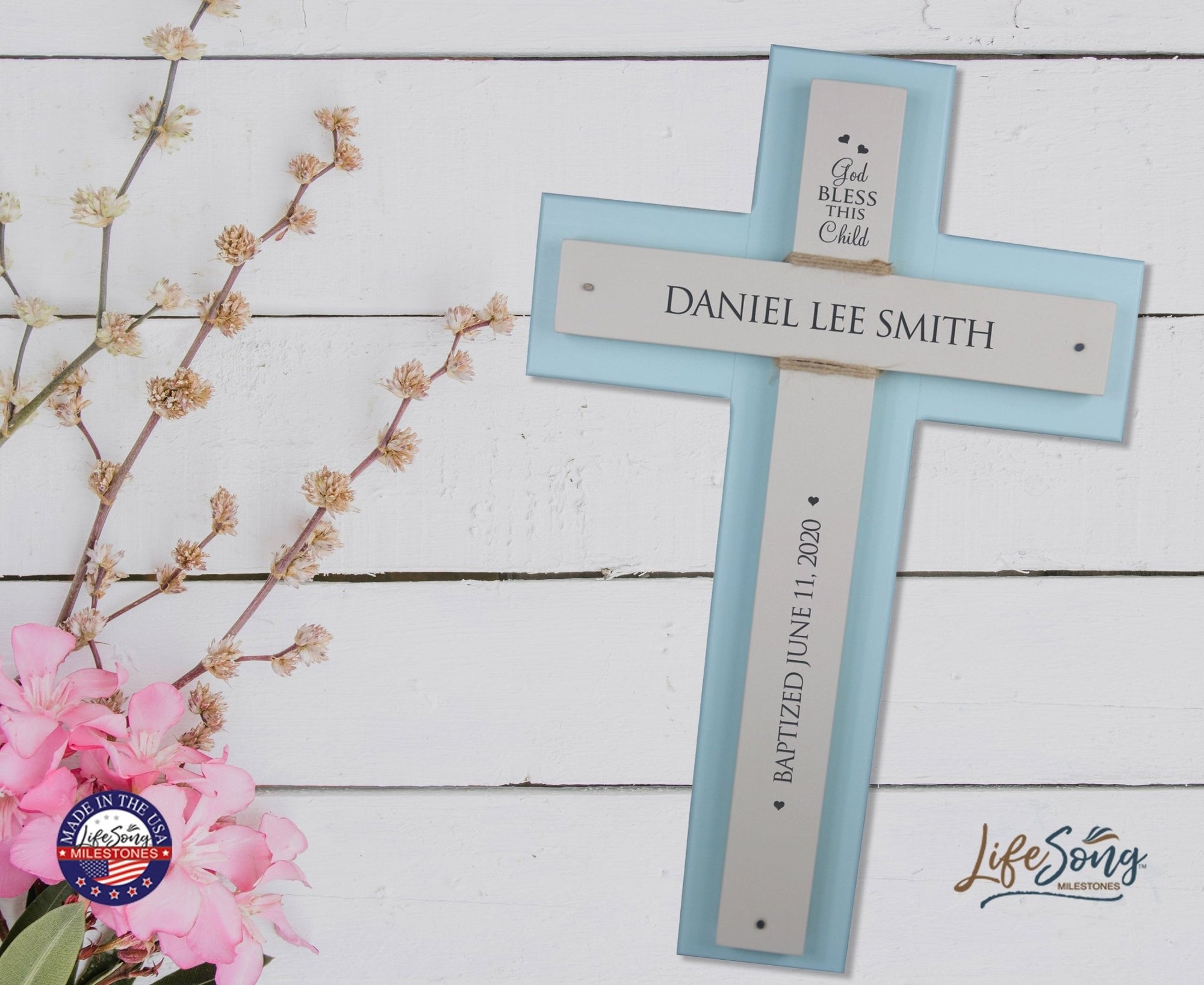 Personalized Baptism Double Crosses Wall Decor - Blue - LifeSong Milestones