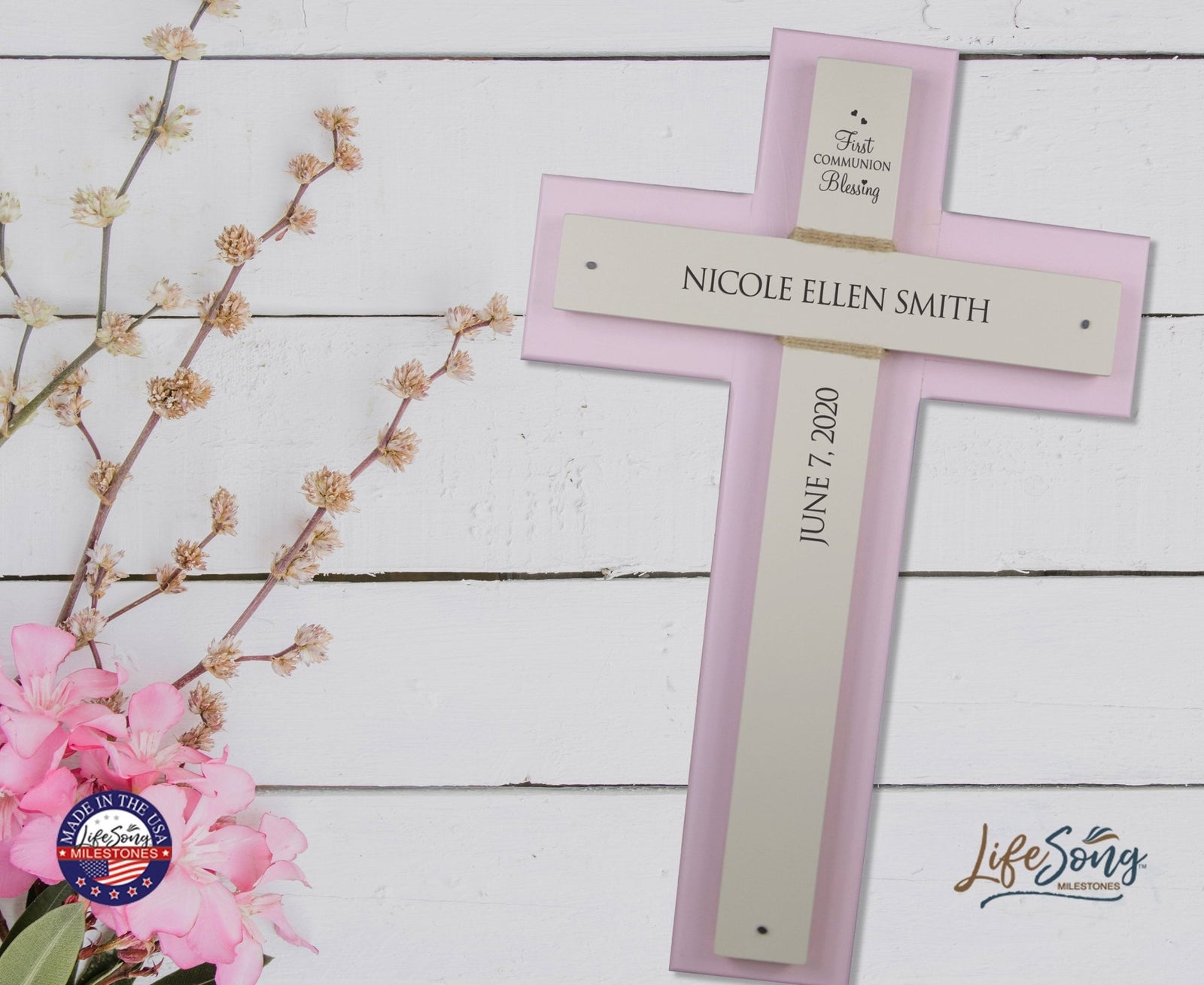Personalized Baptism Double Crosses Wall Decor - Pink - LifeSong Milestones