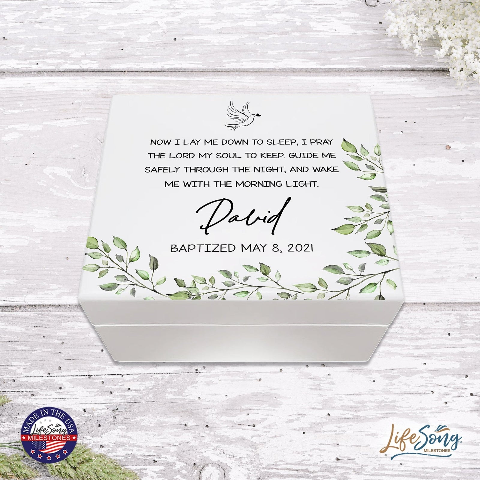 Personalized Baptism, First Holy Communion White Keepsake Box Gift for Godson - Lay Me Down 6x5.5in - LifeSong Milestones