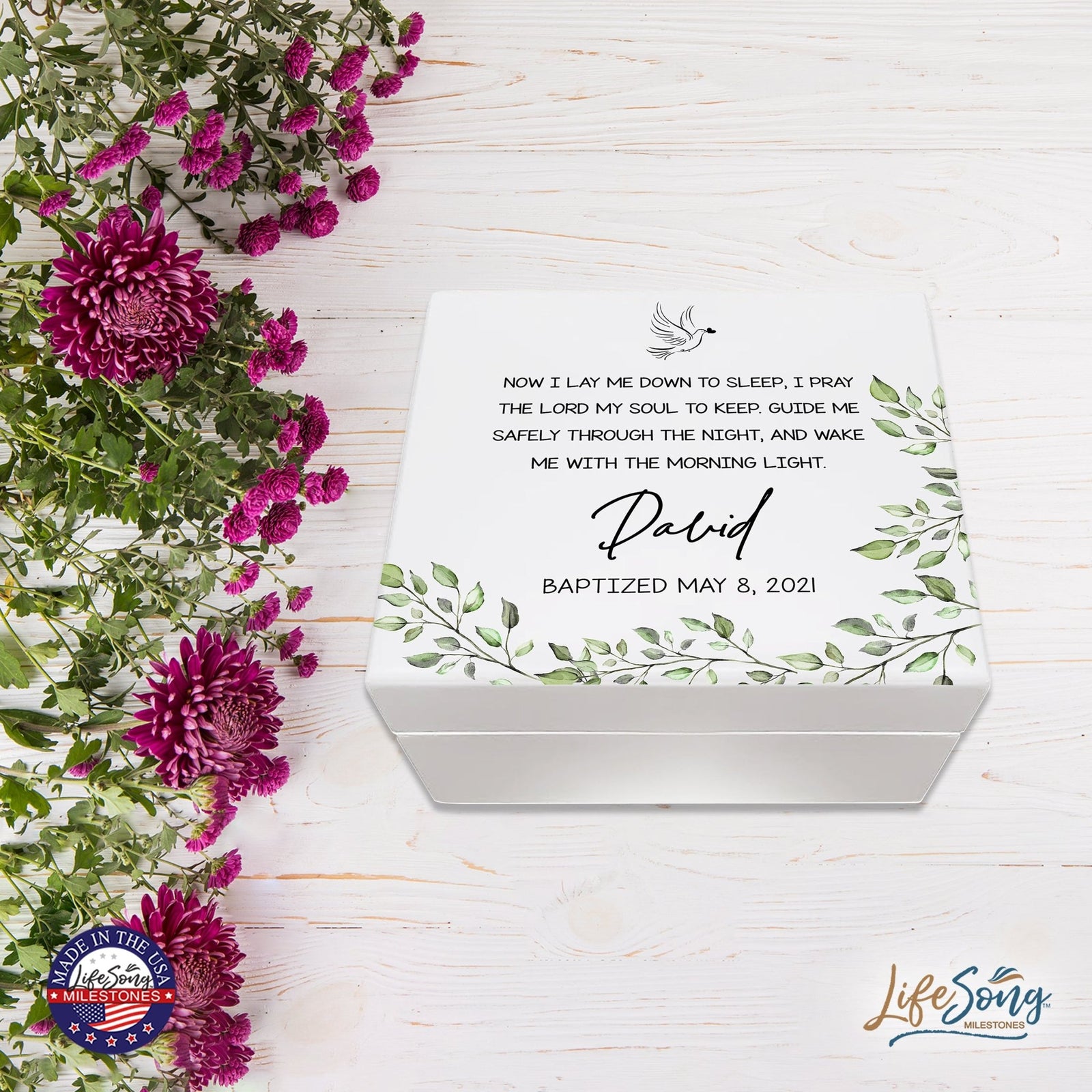 Personalized Baptism, First Holy Communion White Keepsake Box Gift for Godson - Lay Me Down 6x5.5in - LifeSong Milestones