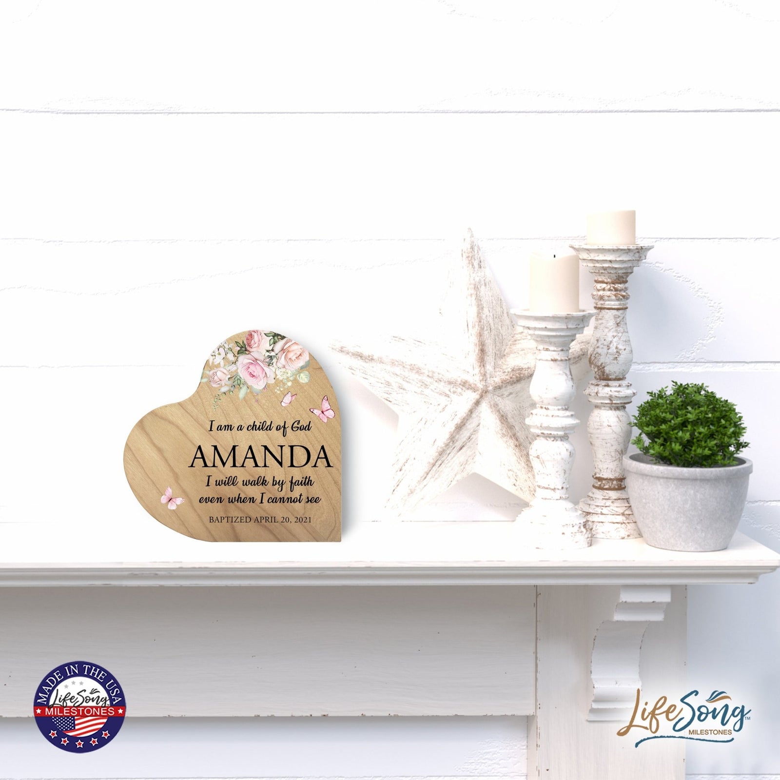 Baptismal Heart Shaped Shelf Décor Signs Gift for Godchild
