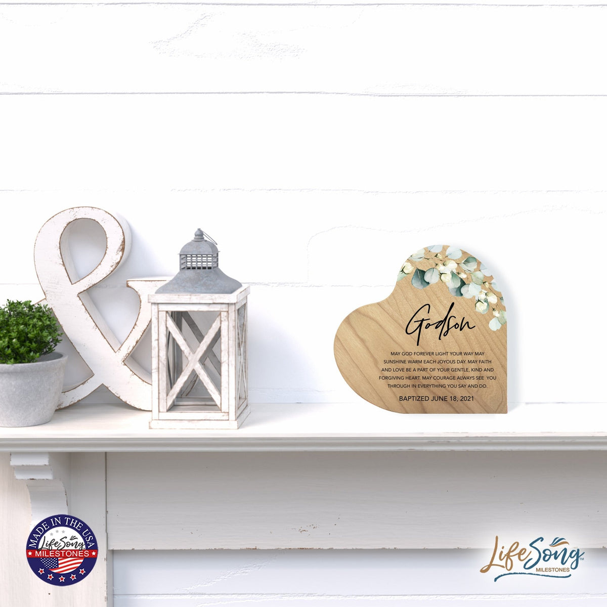 Baptismal Heart Shaped Shelf Décor Signs Gift for Godchild