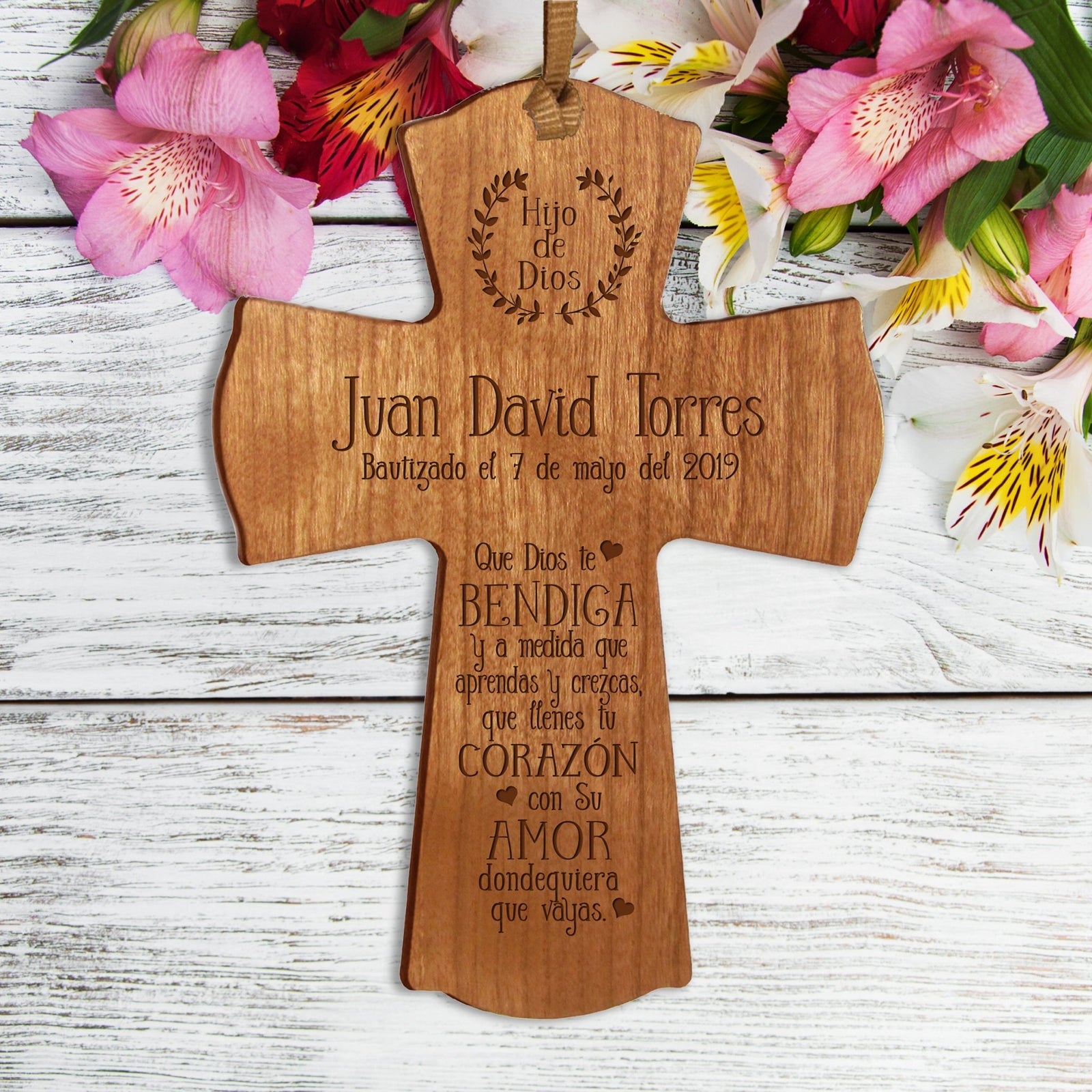 Personalized Baptism Mini Wall Cross Spanish Verse - May God Bless You - LifeSong Milestones