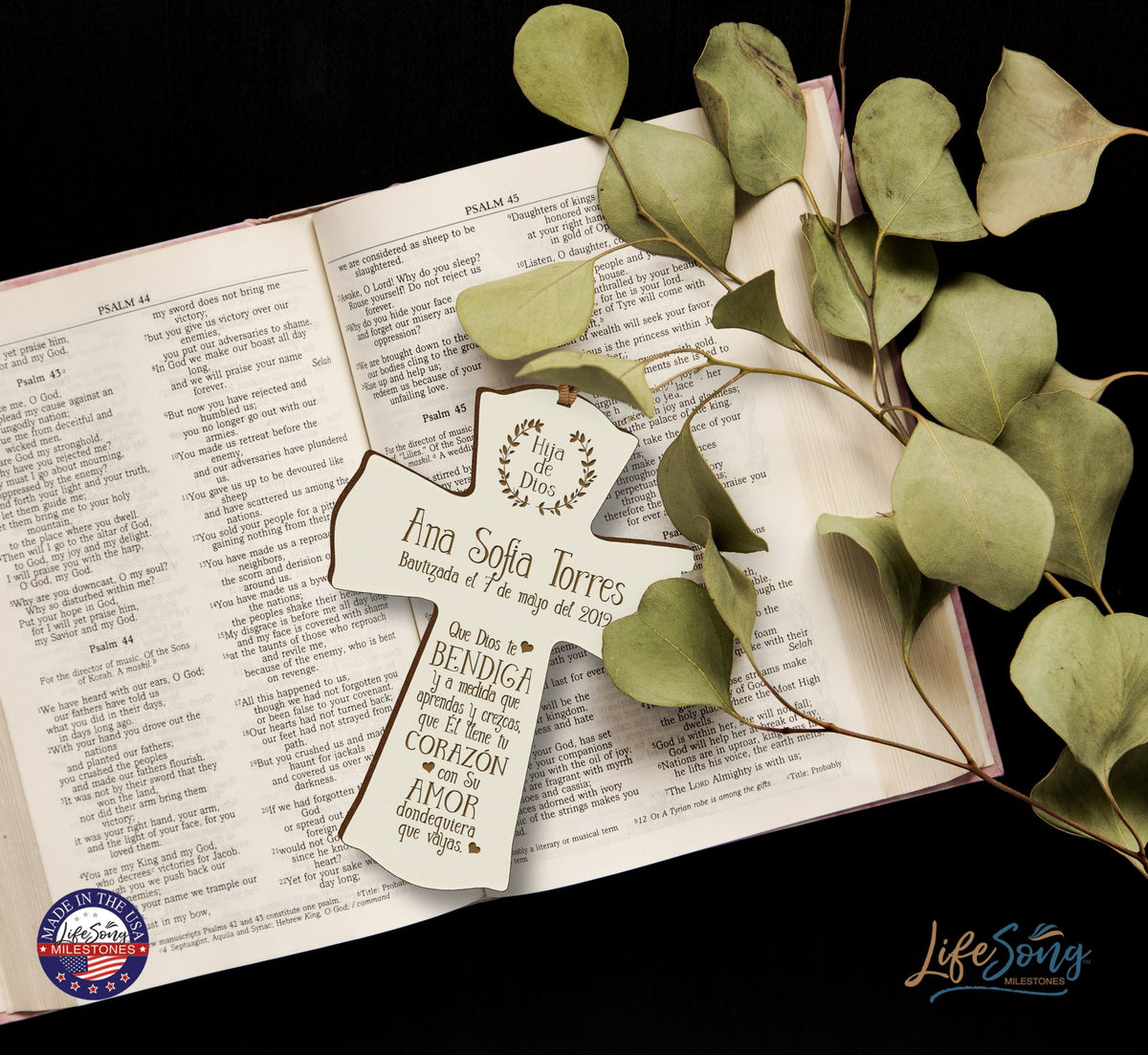 Personalized Baptism Mini Wall Cross Spanish Verse - May God Bless You - LifeSong Milestones