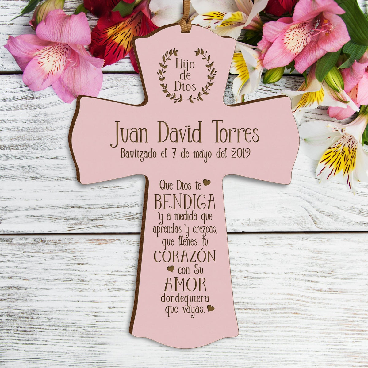Personalized Baptism Mini Wall Cross Spanish Verse - May God Bless You - LifeSong Milestones