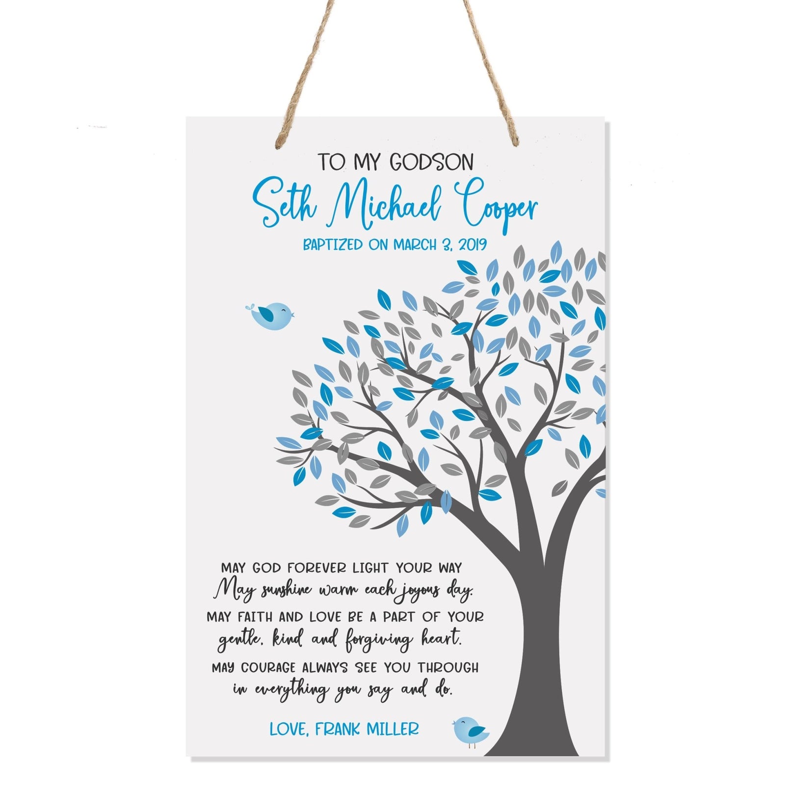 Personalized Baptism Rope Hanging Sign For Godson - Light Your Way - LifeSong Milestones