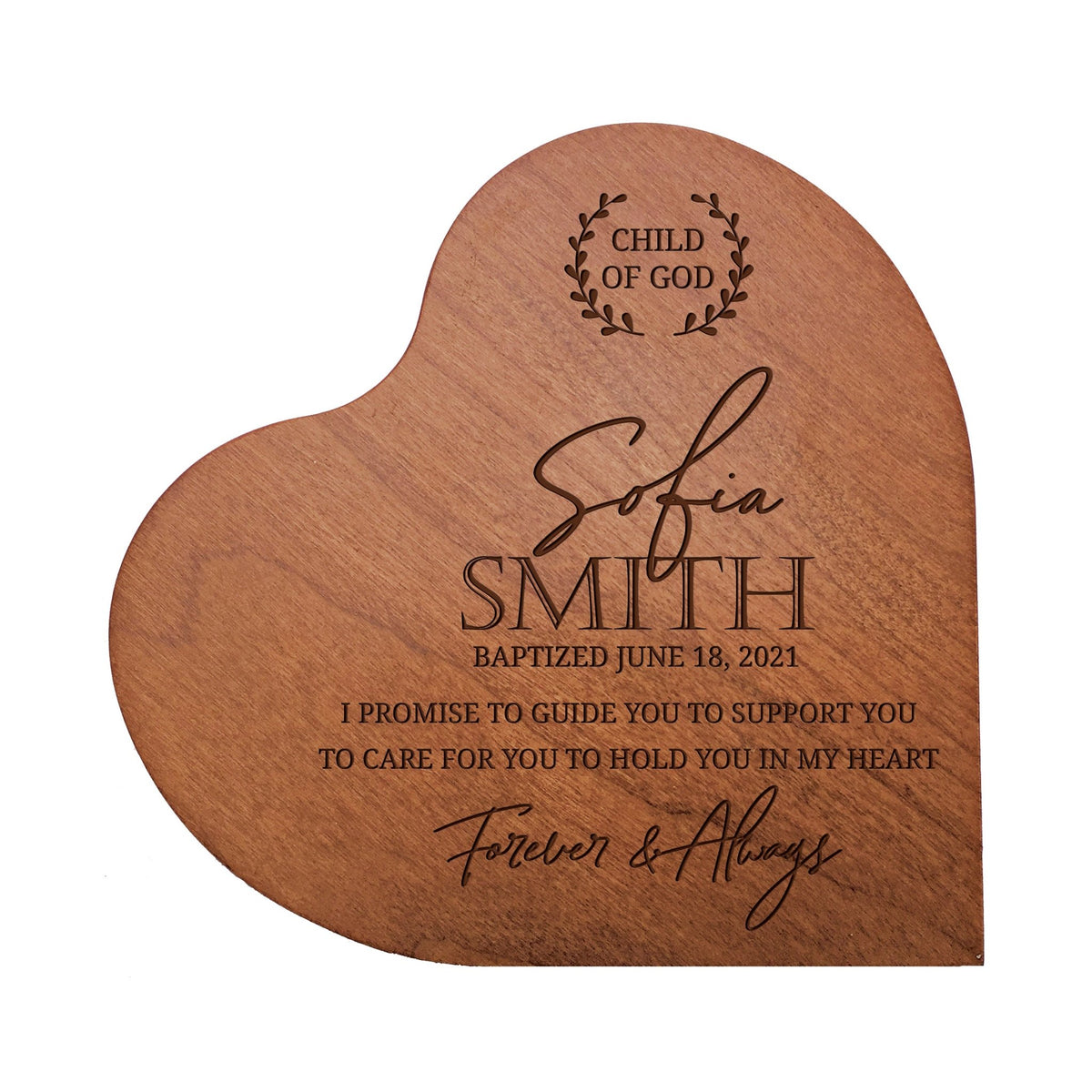 Personalized Baptism Solid Wood Heart Decoration With Inspirational Verse Keepsake Gift 5x5.25 - I Promise To Guide - LifeSong Milestones