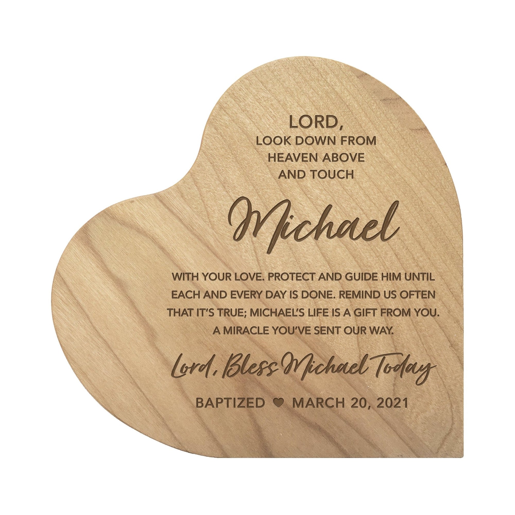 Personalized Baptism Solid Wood Heart Decoration With Inspirational Verse Keepsake Gift 5x5.25 - Lord Look Down - LifeSong Milestones