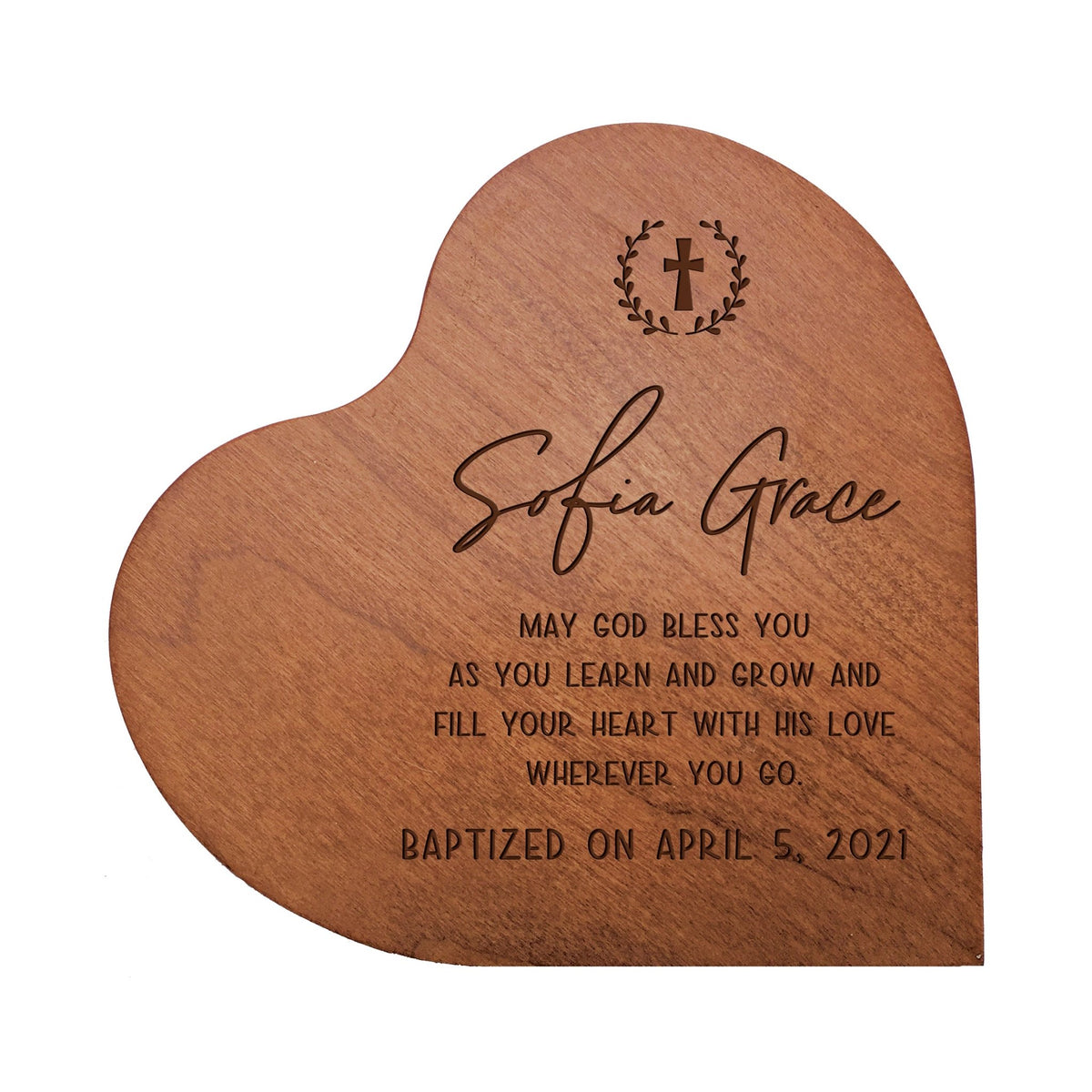 Personalized Baptism Solid Wood Heart Decoration With Inspirational Verse Keepsake Gift 5x5.25 - May God Bless You - LifeSong Milestones