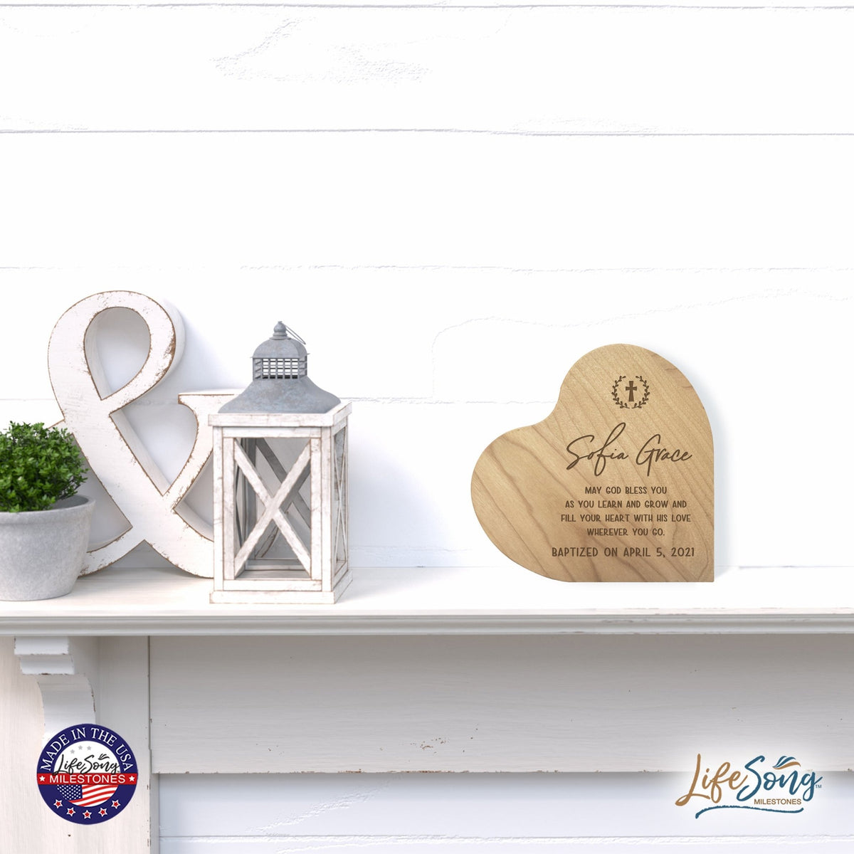 Baptismal Heart Shaped Shelf Décor Signs Gift for Godchild