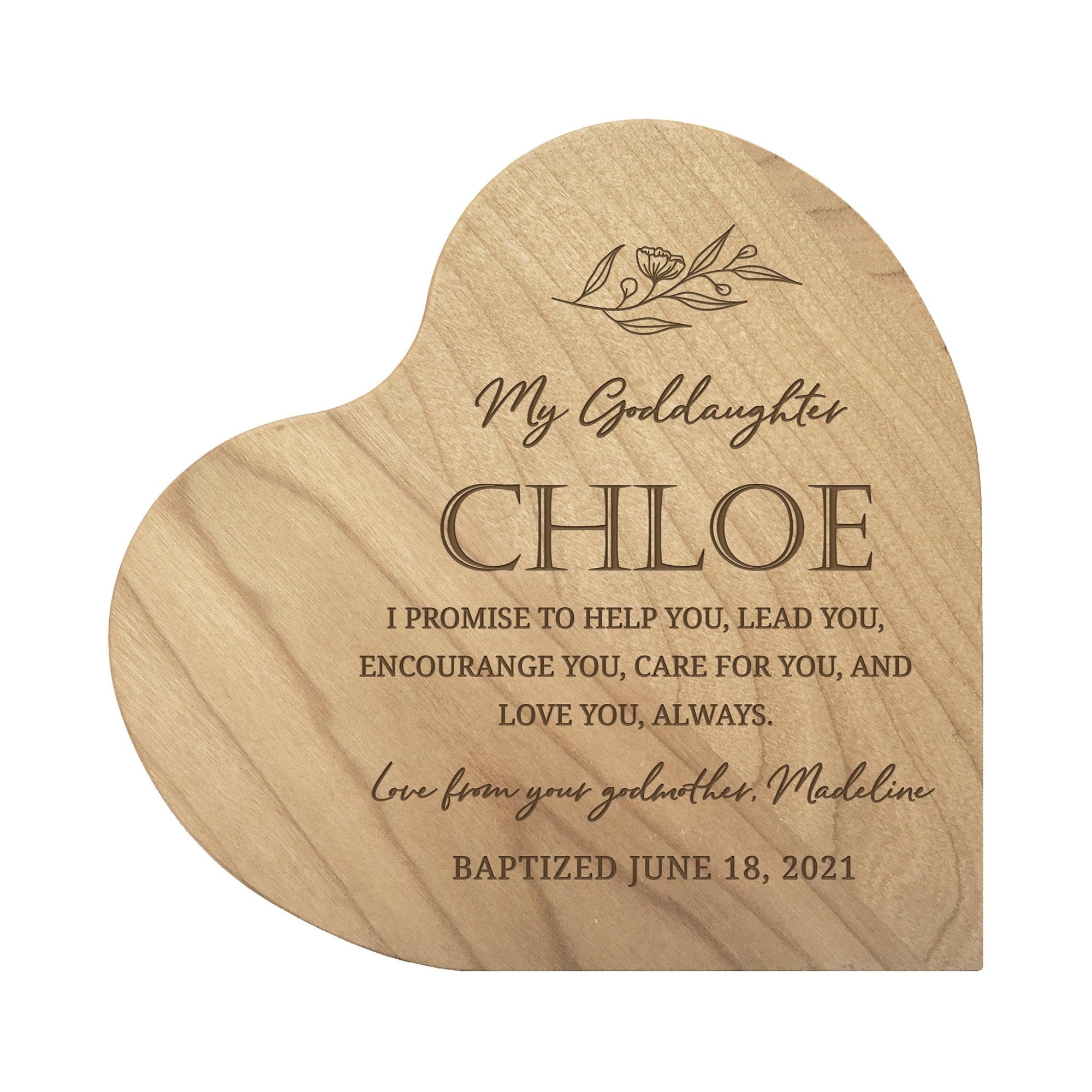 Personalized Baptism Solid Wood Heart Decoration With Inspirational Verse Keepsake Gift 5x5.25 - My Goddaughter, I Promise - LifeSong Milestones
