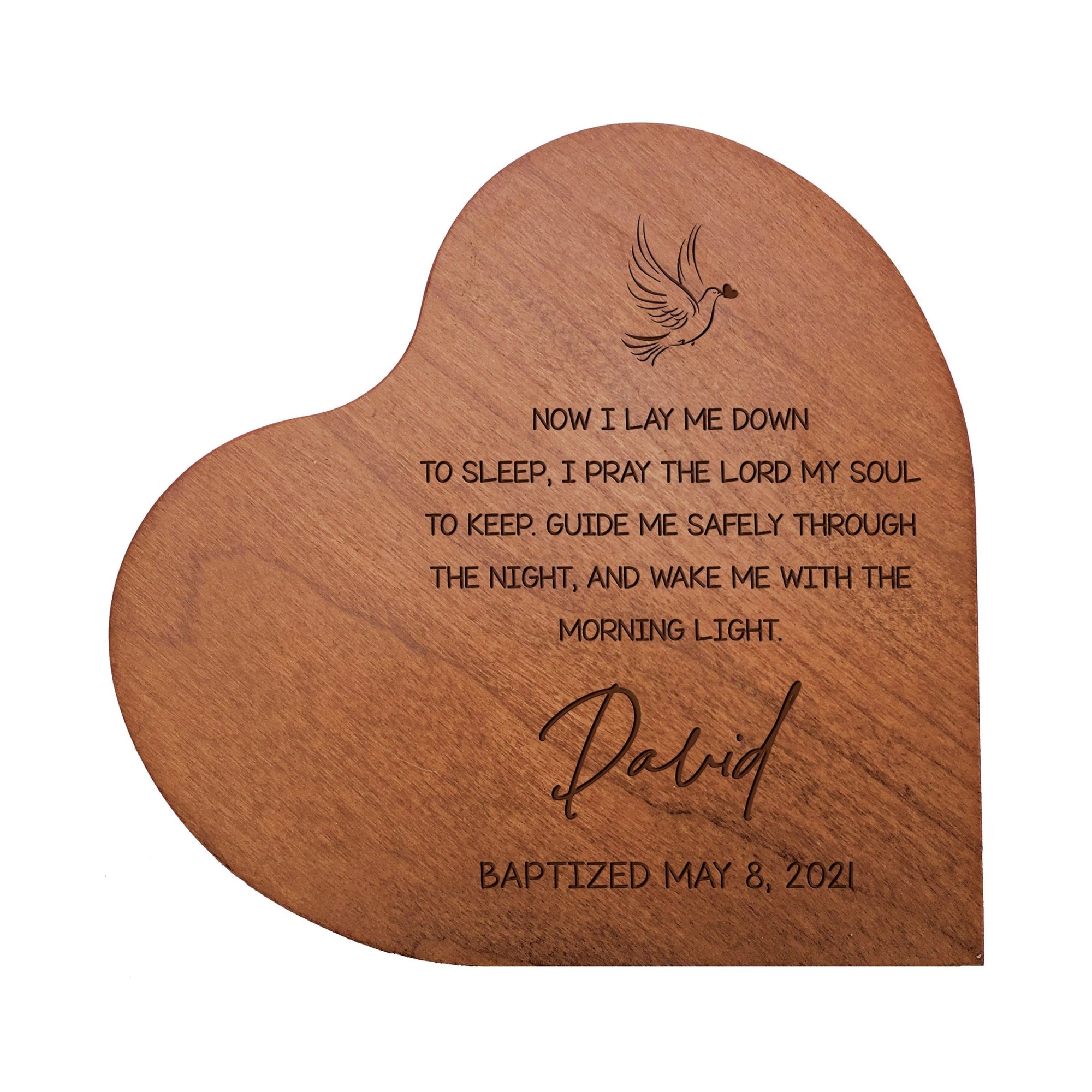 Personalized Baptism Solid Wood Heart Decoration With Inspirational Verse Keepsake Gift 5x5.25 - Now I Lay Down - LifeSong Milestones