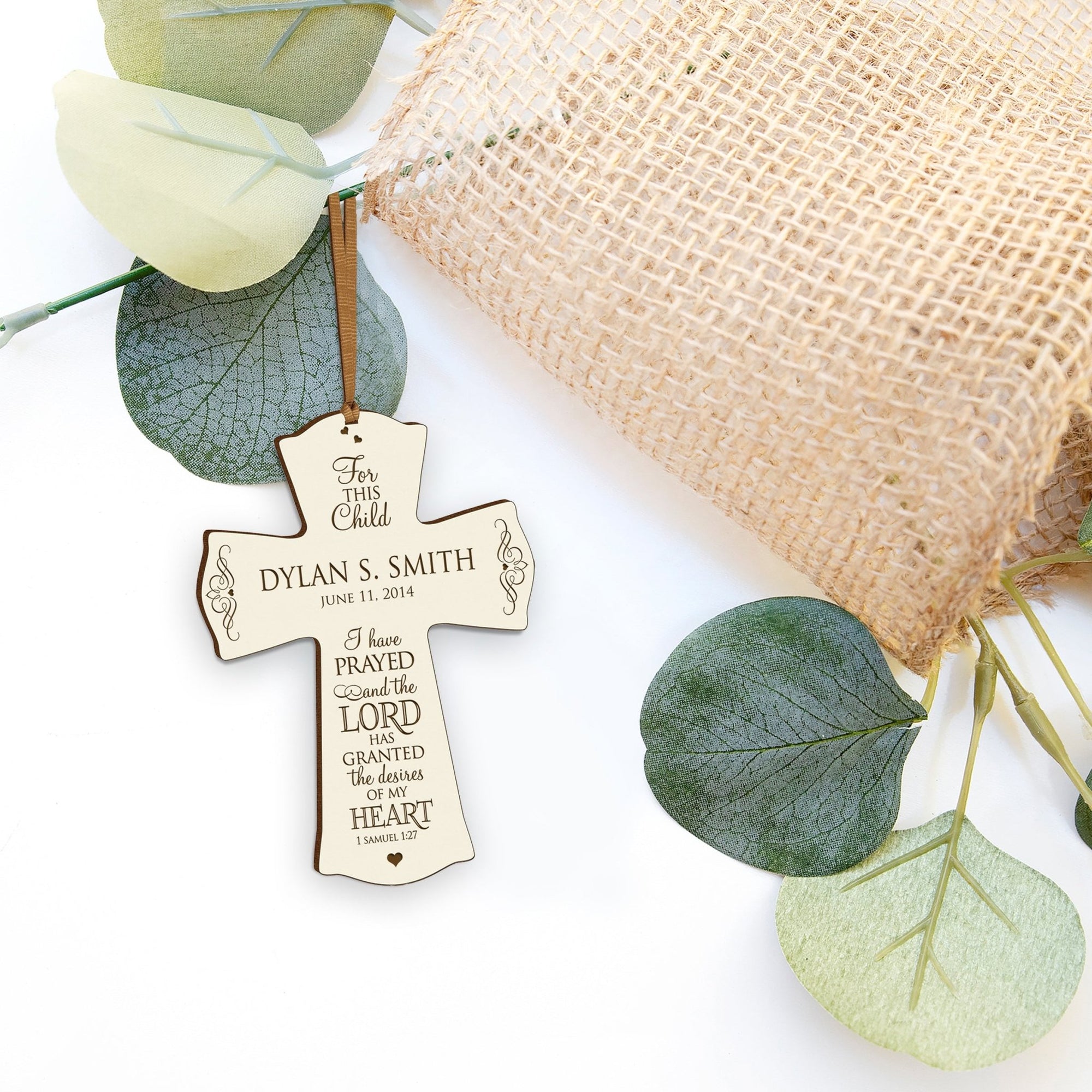 Personalized Baptism Wall Cross for Christening - 1 Samuel 1:27 - LifeSong Milestones