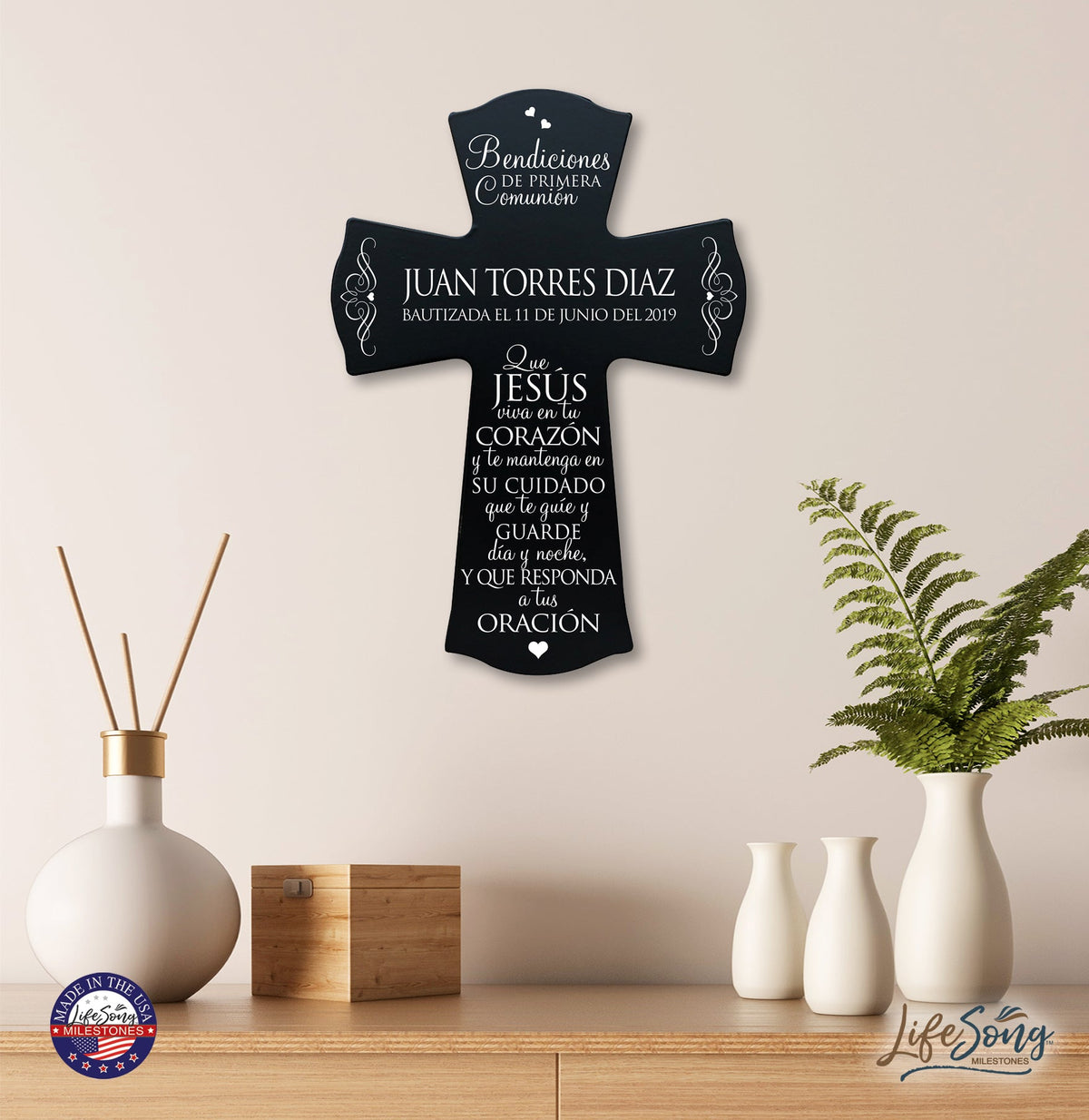Personalized Baptism Wall Cross Spanish Verse - May Jesus Live Within 8”x11.5” - LifeSong Milestones