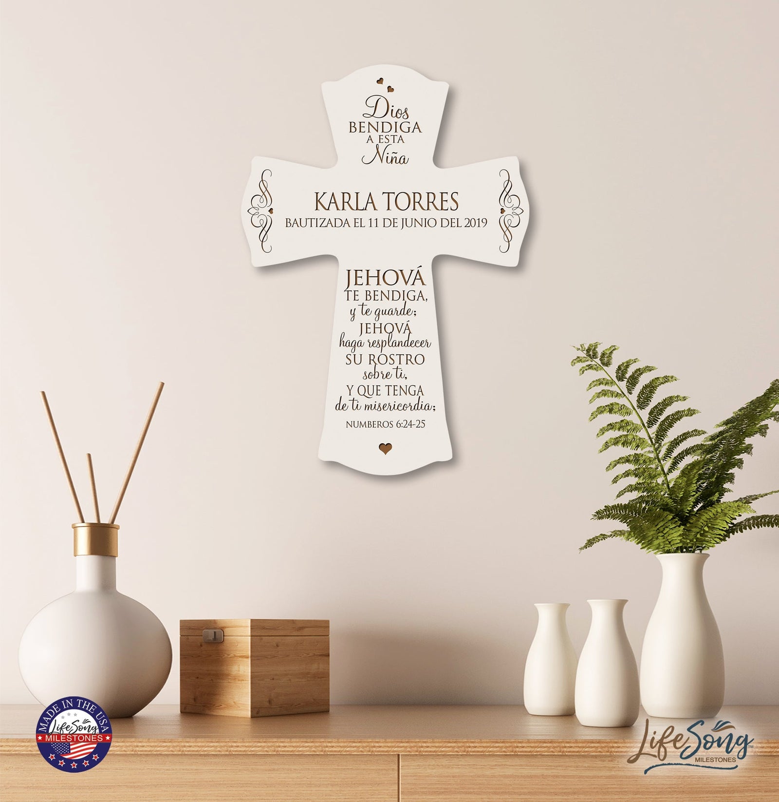 Personalized Baptism Wall Cross Spanish Verse - The Lord Bless You 8”x11.5” - LifeSong Milestones