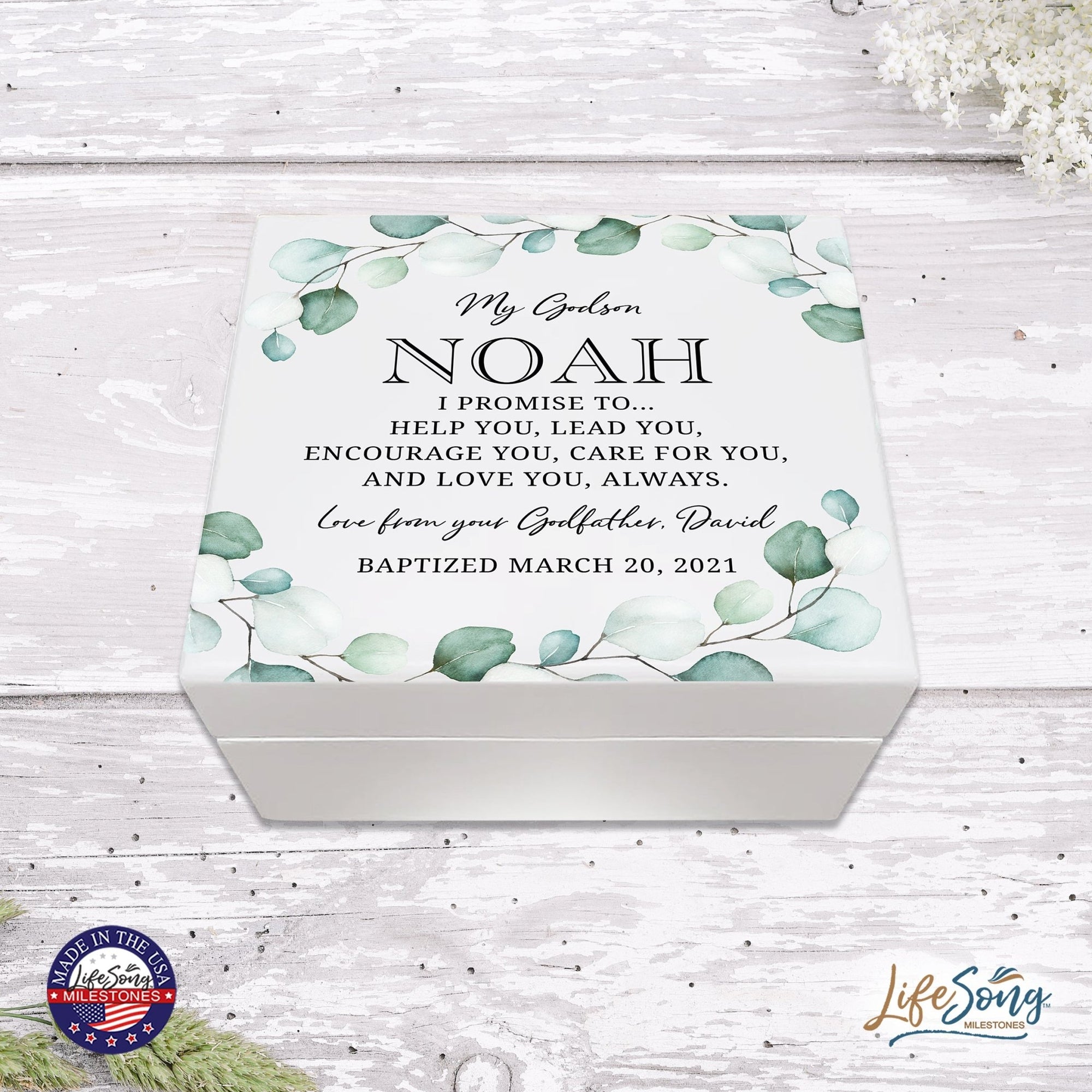 Personalized Baptism White Keepsake Box 6x5.5in with inspiring verse Gift for Godson - My Godson - LifeSong Milestones