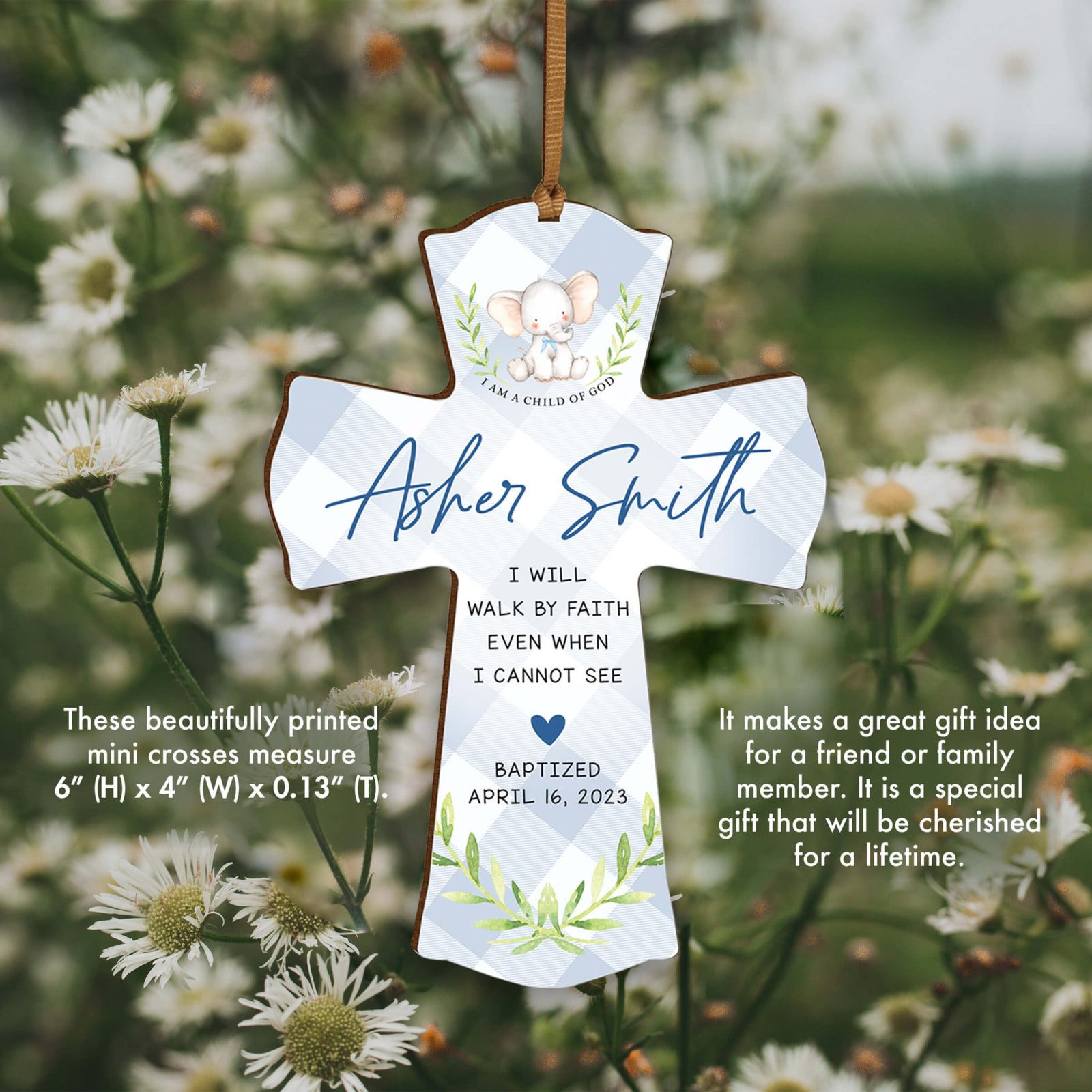 Personalized Baptism Wooden Mini Cross - I Will Walk By Faith - LifeSong Milestones