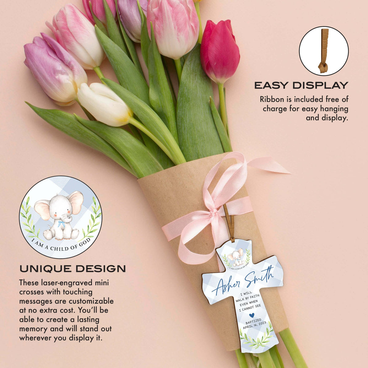 Personalized Baptism Wooden Mini Cross - I Will Walk By Faith - LifeSong Milestones